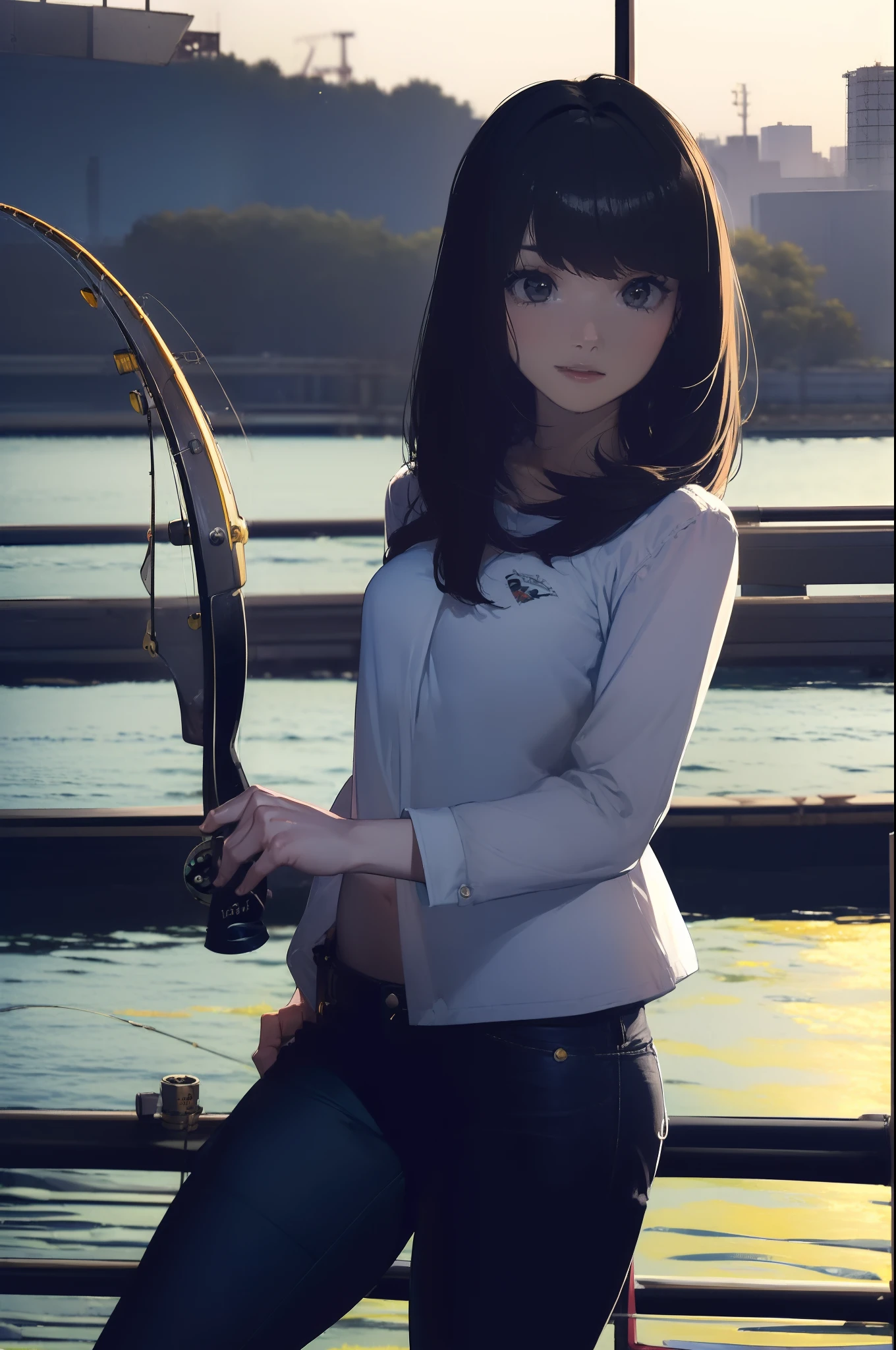 ((((Have fishing rod with a reel:1.5)))),((Female 28 years old)),((Best Quality:1.5)),(((Hands with the correct number and structure of fingers:1.4))),((lakeside:1.37)),hight resolution,ultra-detailliert,​masterpiece,best qualtiy,(Eight-headed body),Black hair, long eyeslashes, Solid Circle Eyes, drop shadow, Atmospheric perspective,Super Detail, ccurate, small brest,(Black jacket and black jeans :1.1),top-quality, blurry backround, bokeh dof:1.2, (​masterpiece:1.3),  Atmospheric perspective,Super Detail,dynamic compositions, Ultra High Quality,
