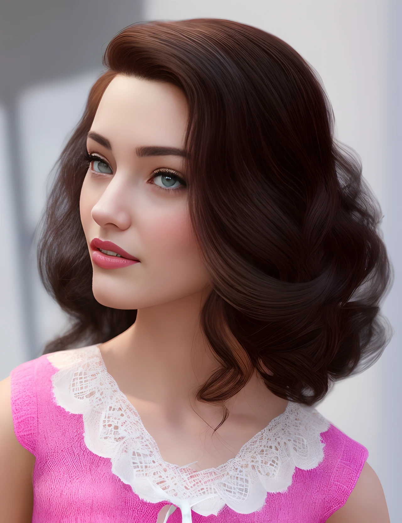Jessica Stoya face, inspired by Barbie, caucasian woman posing for a picture in pink school girl uniform, realistic, pale fair skin, with black hair, shoulder length hair, with pale skin, short dark hair, digital art, photo realistic, highres, alice cullen, beautiful kat dennings, wonderful dark hair, short black hair,