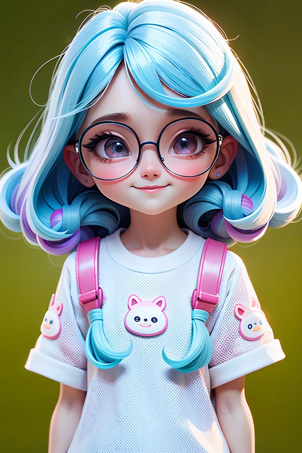 cute girl, cabelo preso, cabelo solto, modern accessories , Eyeglasses, olhos detalhados, sorriso detalhados, detalhes detalhados, muito realismo, UHD, detalhes nos fios de cabelo, Holographic, fundo claro e simples