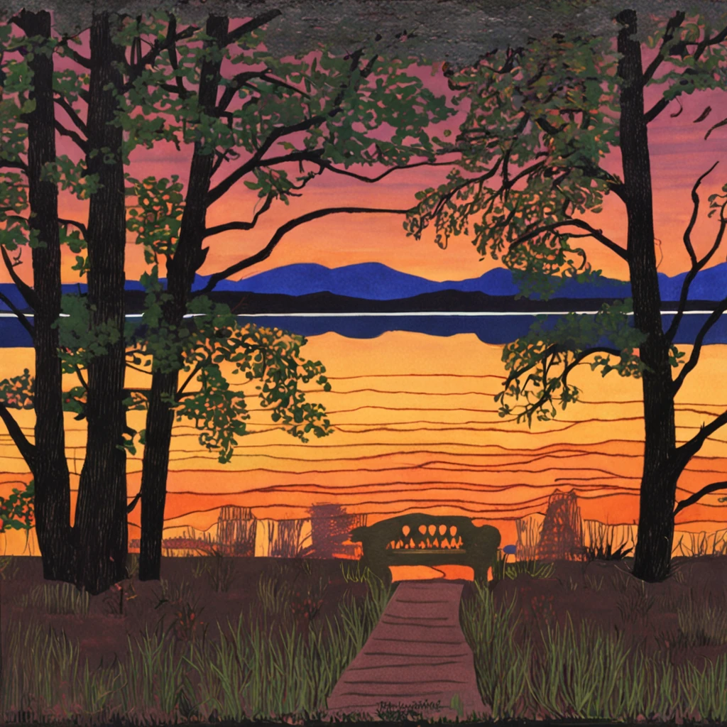 Pa painting of a sunset over a lake, uma pintura de arte de Yvonne Jacquette, deviantart, Pintura de cena americana, Non-Instagram art, pintura detalhada, oil on the canvas