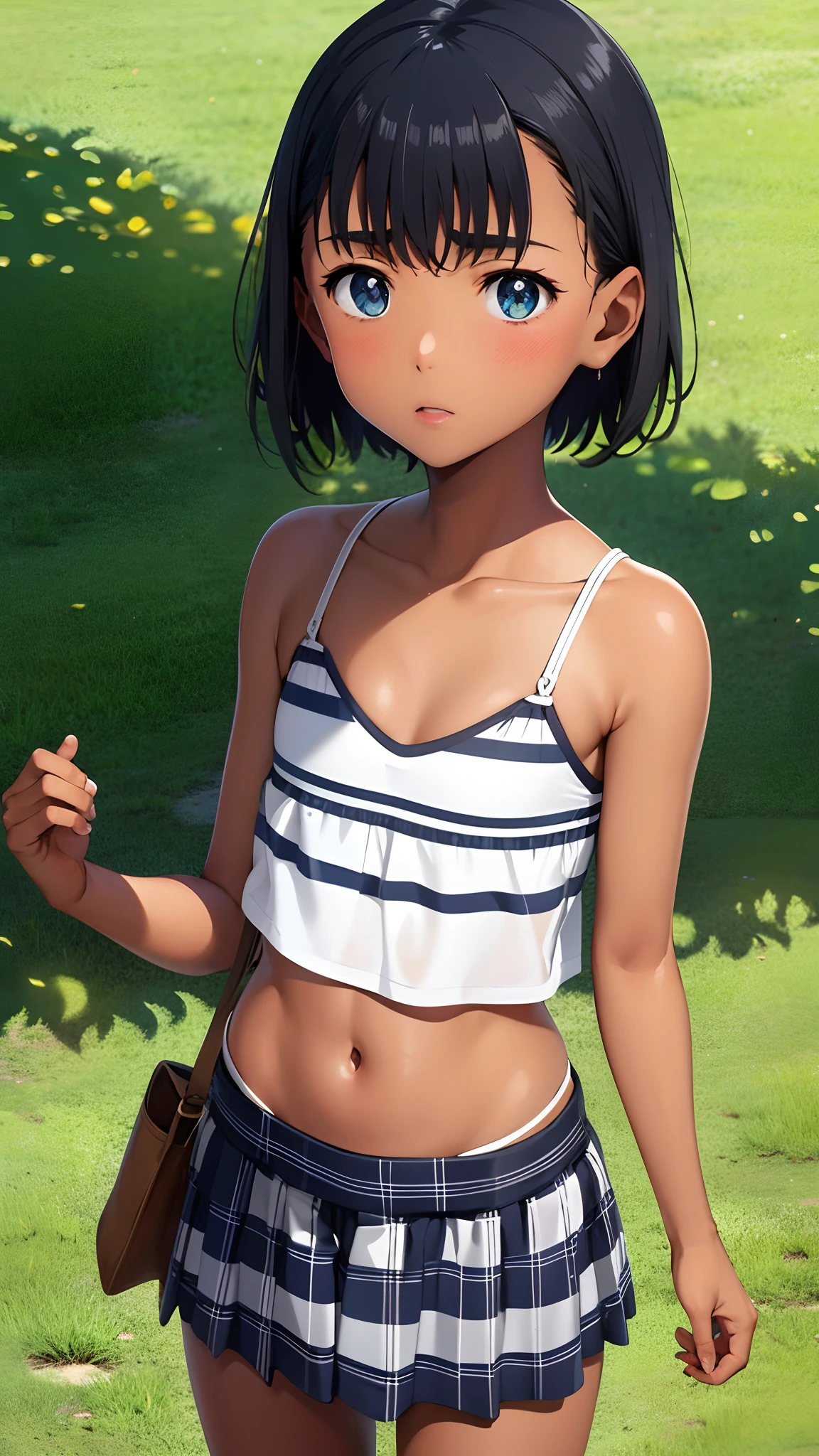 kofune_mio, dark skin, small breast, short hari, GIRL, (Masterpiece: 1.1), (Best Quality: 1.1), mircro bikini, (White Bikini: 1.1), (Plaid Skirt: 1.1), mini spat, Blake [Green Grass: Pink, :0.5] Themed, (Urban Background: 1.1), Denim Lenses, Blake Silver, Long, Green Eye, Landscape, small chest, short height, ***********, flat chest, small, see-through, cleavage, ((bare shoulder)), exposed, loose shirt, navel, (presenting armpit)