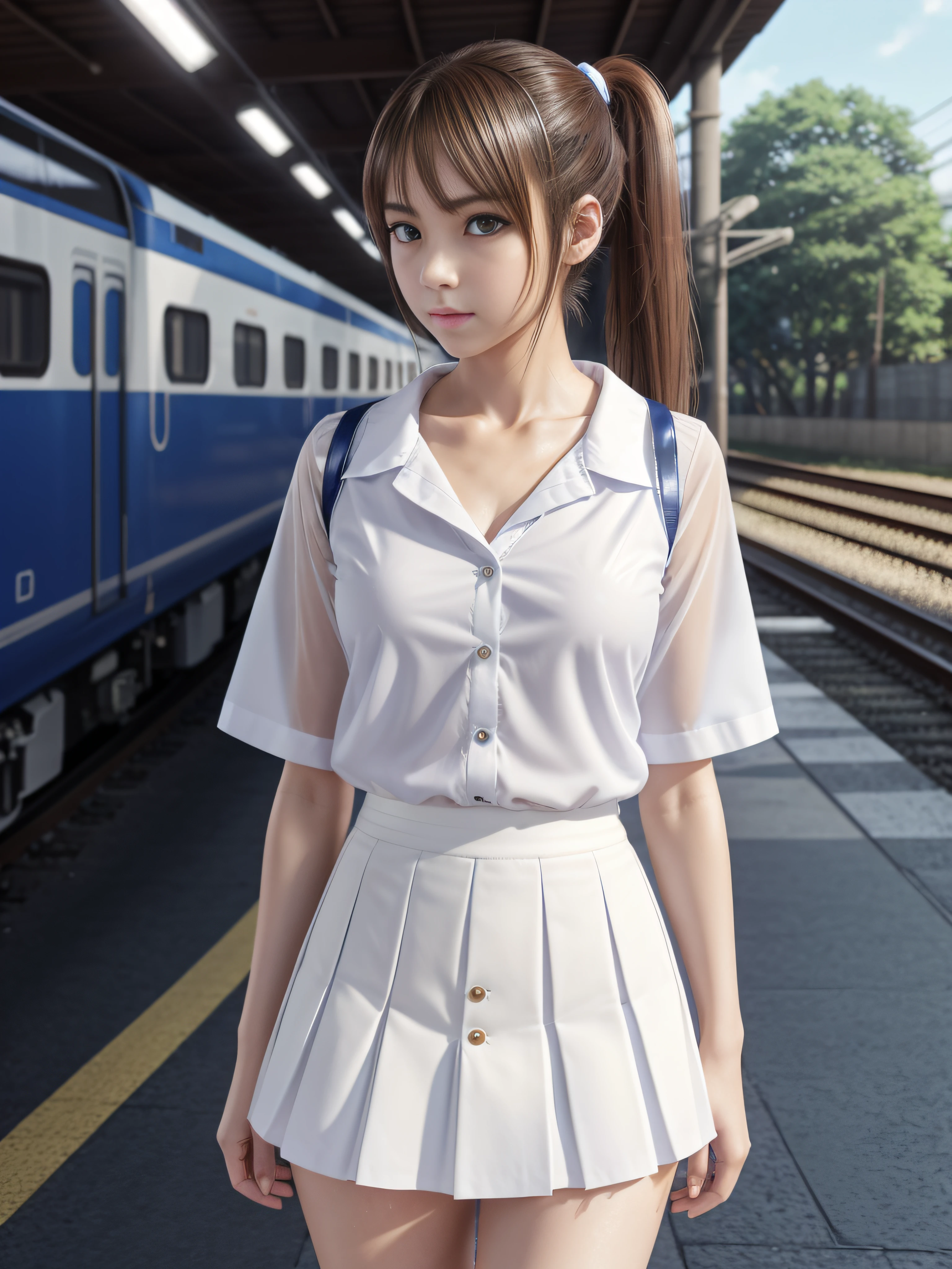 at a train station, summer, sweat and wet clothes, translucent blouse, a beautiful girl, high school student, /(beautiful perfect detailed eyes, thin lips, tapered hands and long thin detailed fingers, hourglass shaped athletic body, shapely legs, white skin, shoulder length light brown hair combed in a ponytail, honey colored eyes,), /(school uniform: a white button down v-neck blouse, blue miniskirt with white line patterns and pleats, patent leather shoes), anime key visual, anime art, anime, masterpiece, best quality, hdr, uhd, depth of field, wide angle, full body shot, finely detailed beautiful face and eyes, 8k, dark intense shadows, anime style based on Kyoto Animation,