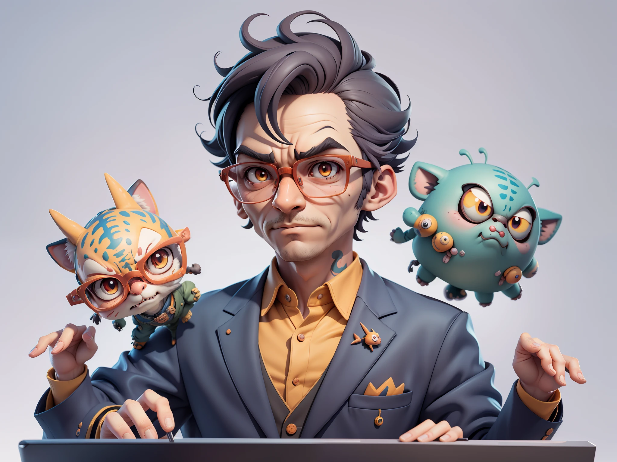 A young man in a suit, Short hair and glasses sat at his desk，holding laptop，digitial painting，tigre，3D character design by Mark Clairen and Pixar and Hayao Miyazaki and Akira Toriyama，4K HD illustration，Very detailed facial features and cartoon-style visuals。