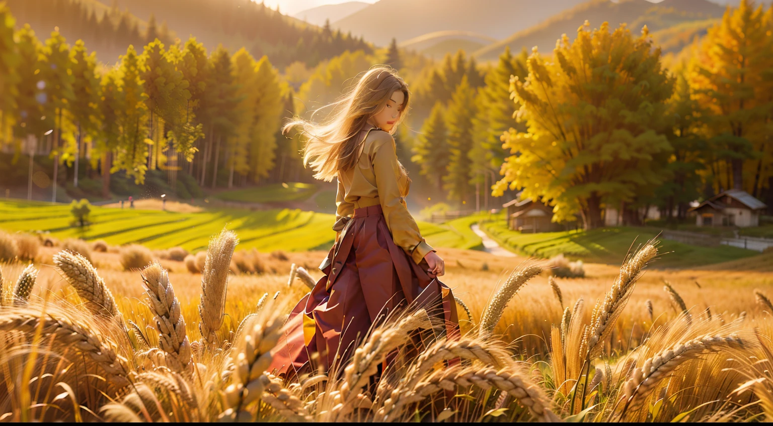 fall season，full bodyesbian, standing on your feet，long  skirt，Portrait of cute blonde girl, Stand on a golden wheat field (((looks away))), In the distance, The mountains are full of red maple，Yellow deciduous flowers, orange fog, Exercise, floated hair, Realism, High-quality rendering, stunning art, High quality, filmgrain, Fujifilm XT3, Dreamy,