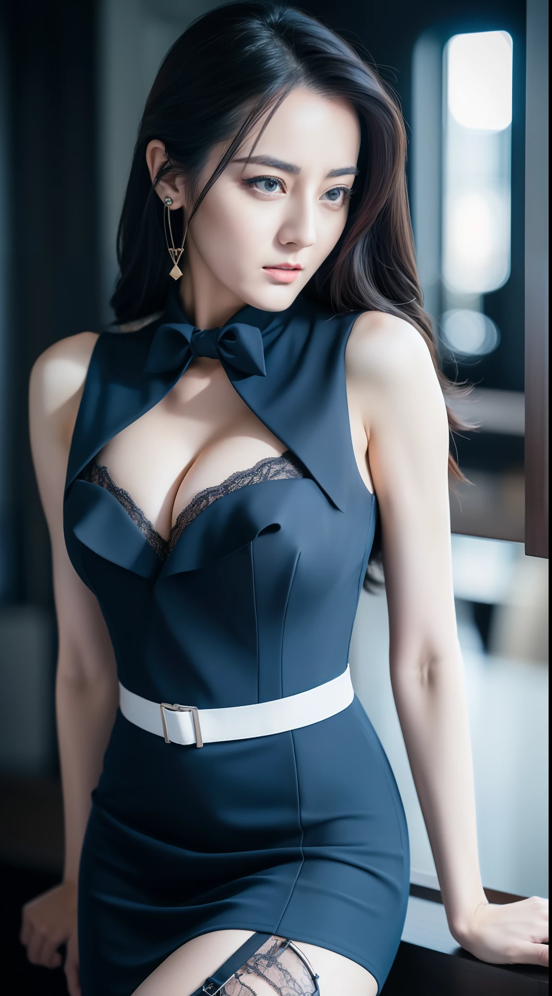 Thigh garter, Full body shot, sad, deep cleavage , kglamour_magv2, race_queen dressed in navy blue retro Prosecutor uniform, (steampunk background:.4), masterpiece, breathtaking, dramatic composition, ultra realistic, 100mm, Fujifilm XT3, Canon50 DSLR, sharp focus, hyperrealism, highly detailed, crisp edges