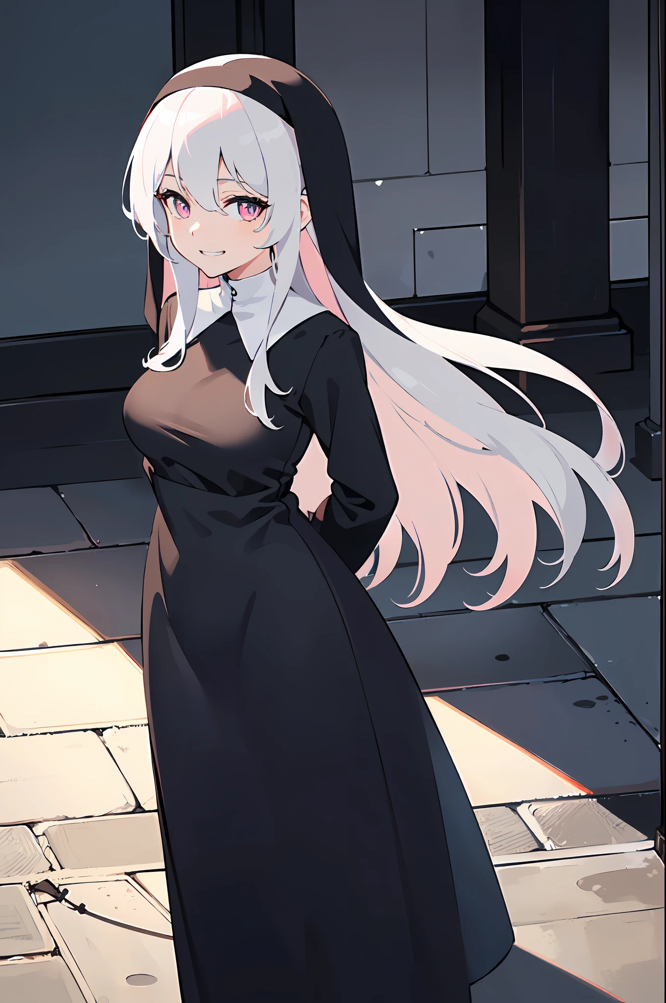 1girl, solo, (Appearance:, pure white hair:1.3, pink eyes, medium breasts, young girl, long hair, hair between eyes, wearing black nun clothes, nun), (Actions:, standing, looking at viewer, smiling, arms behind back, grin:1.2), (Scenery:, winter, royal palace, sharp focus, pacific, tranquil, close-up, portrait, beautiful face), sense of divinity and calmness, ((masterpiece, best quality, illustration))