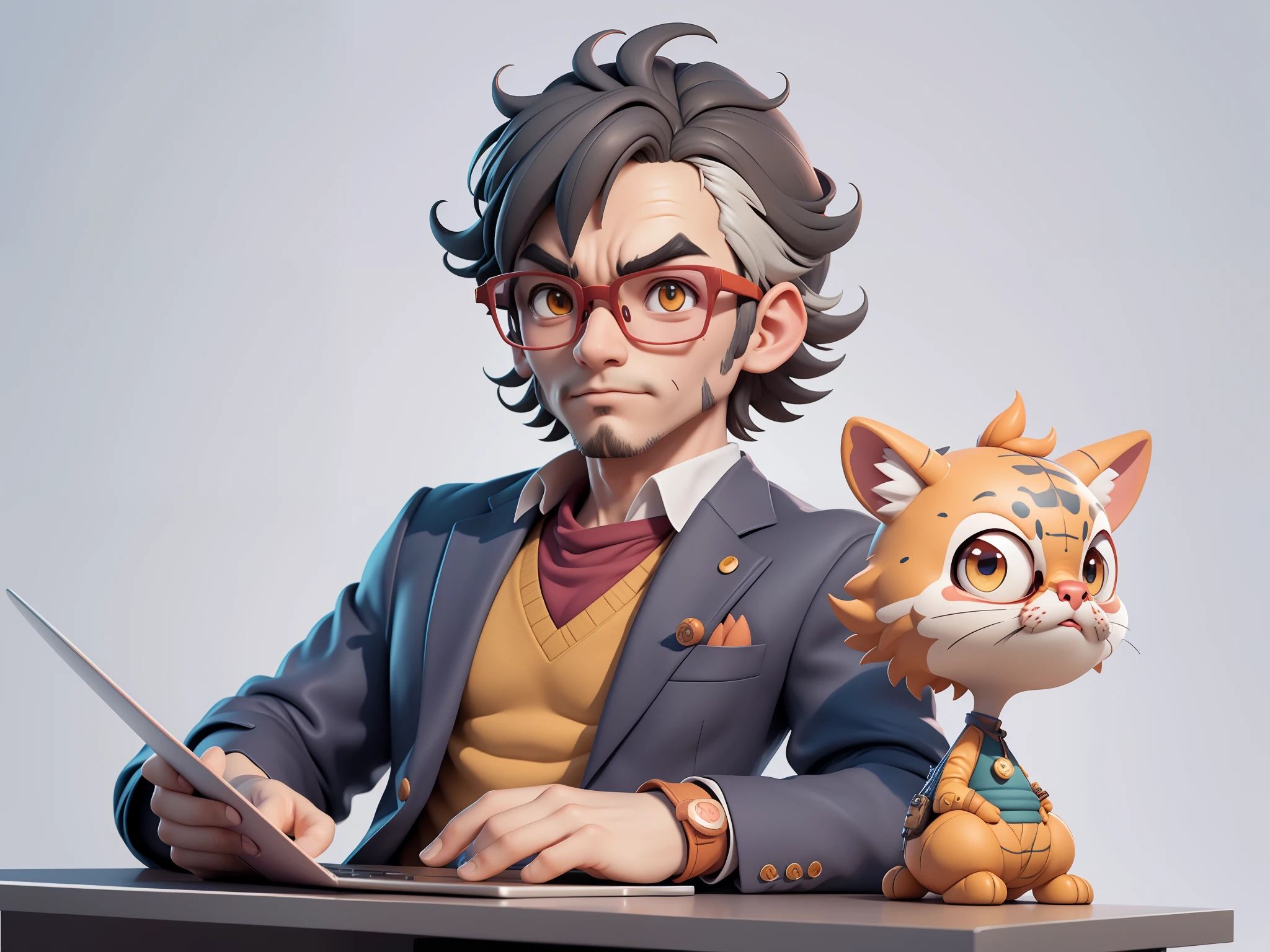 A young man in a suit, Short hair and glasses sat at his desk,holding laptop,digitial painting,tigre,3D character design by Mark Clairen and Pixar and Hayao Miyazaki and Akira Toriyama,4K HD illustration,Very detailed facial features and cartoon-style visuals。