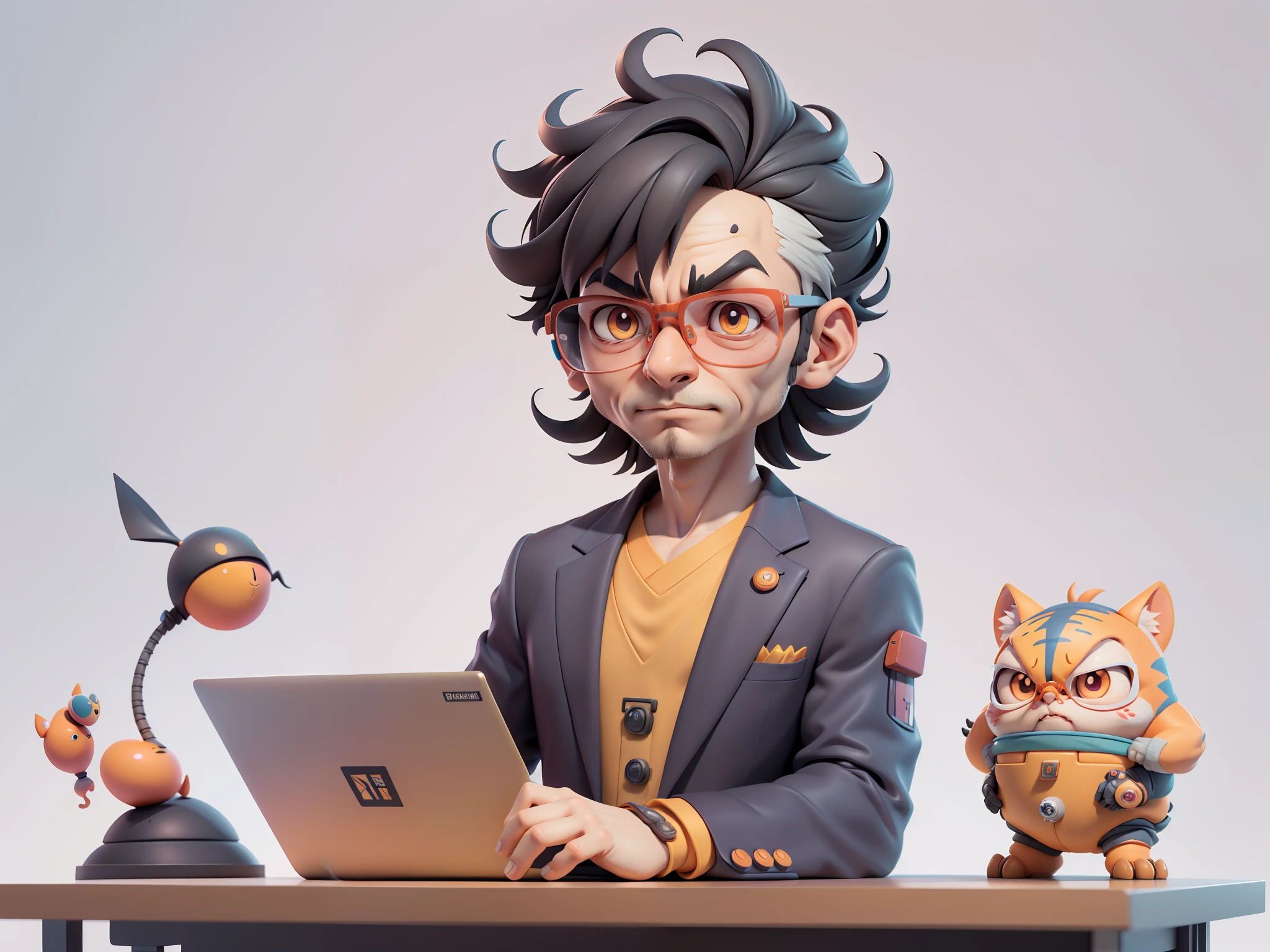 A young man in a suit, Short hair and glasses sat at his desk，holding laptop，digitial painting，tigre，3D character design by Mark Clairen and Pixar and Hayao Miyazaki and Akira Toriyama，4K HD illustration，Very detailed facial features and cartoon-style visuals。