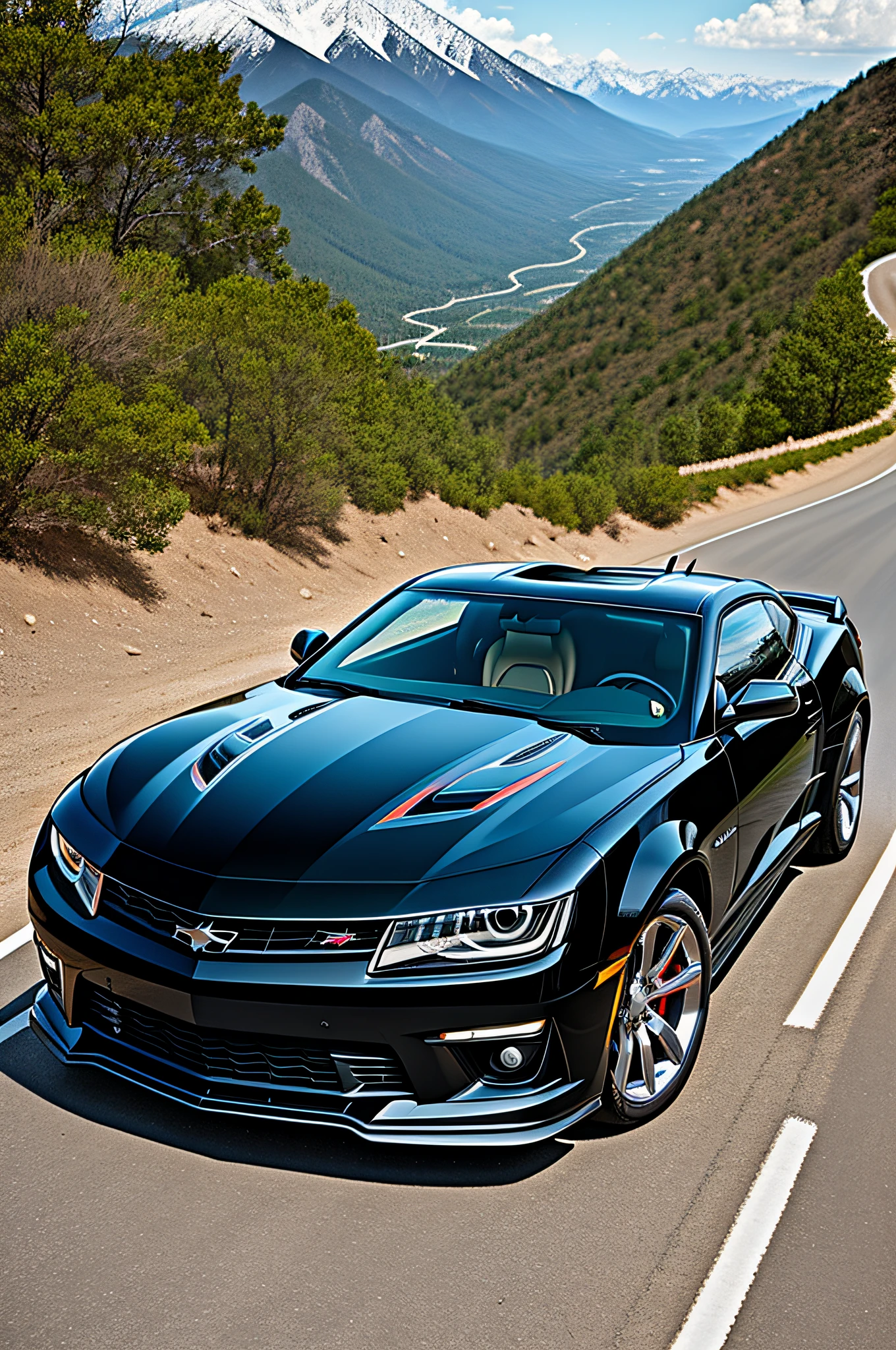 Fashionab, Black Camaro SS，The surface is shiny, Roar on winding mountain roads.