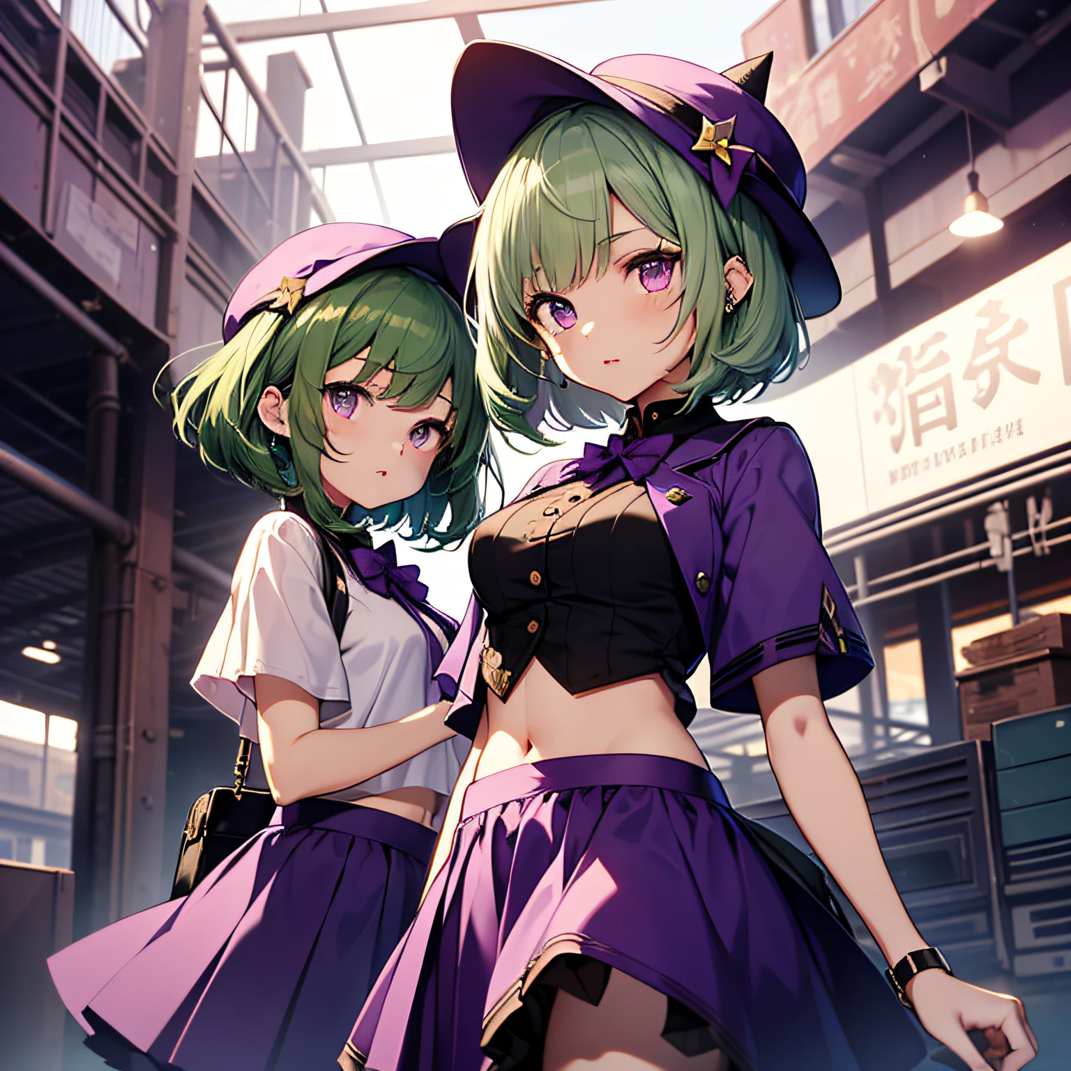top-quality、extremely delicate and beautiful、((sisterhood))、(A girl)、Purple Eye、(Green hair)、(short-haired)、(Purple pointy hat)、Purple tie、shortsleeves、Purple skirt、Navel、shortsleeves、Purple skirt、is standing