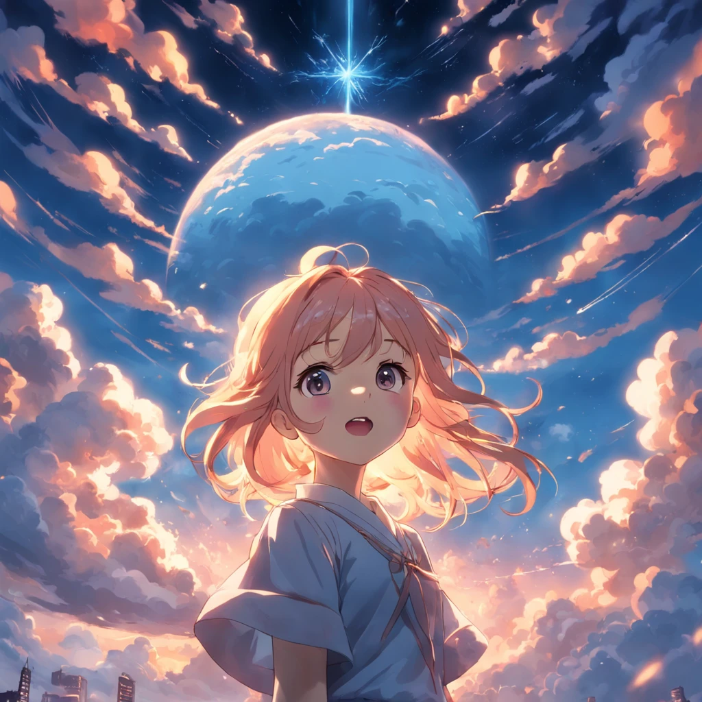 masterpiece, best quality, movie still, 1girl, cloud girl, floating in the sky, close-up, bright, happy, warm soft lighting, sunset, (sparks:0.7)