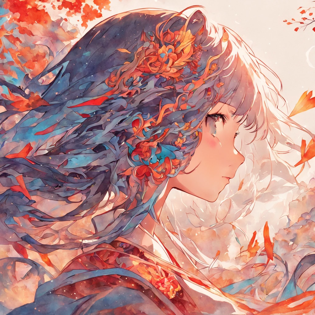 (White background:1.4),(Silhouette of a girl's head, Eyes closed, colorfull long hair, Oriental elements),(Chinese illustration:1.3,paper art:1.3, Quilted paper art:1.2),( reasonable design, Clear lines, High sharpness,Best quality, Very detailed, Masterpiece, movie light effect, 4K )