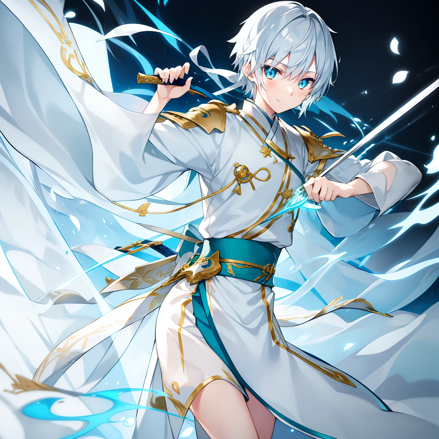 white  hair　swordsmen　Knives　Hairstyle Short Hair　Light blue hair ornament　Knife colorsSilver and gold　Yuki　A cute boy　14years　Odd-eye with light blue and yellow-green pupils　Kimono　A smile