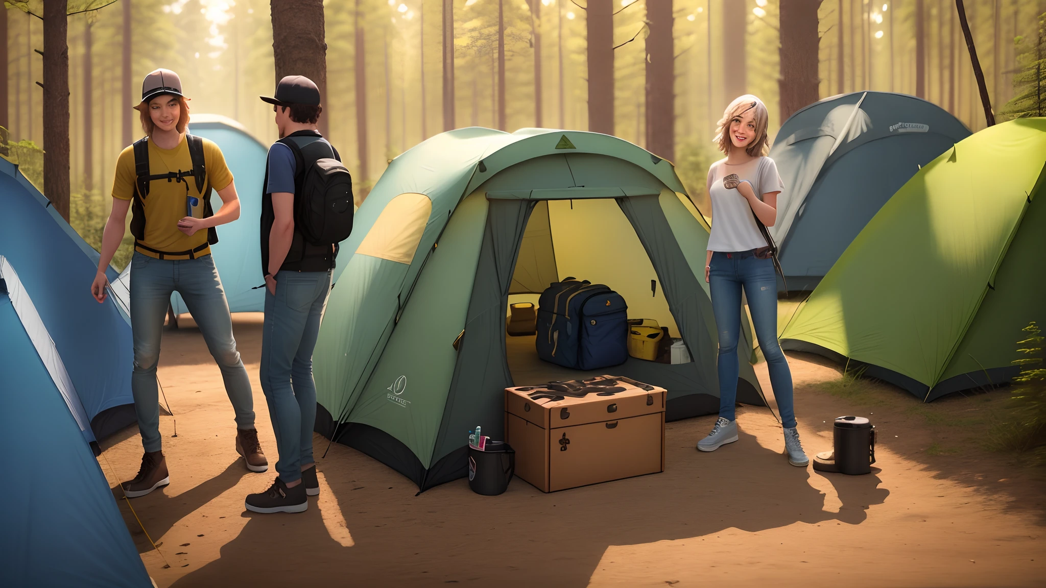 3persons, girl and men and men, 1girl, bob, smile, 1male, bold, smile, 1male, tee, jeans, masterpiece, best quality, ultra detailed, realistic, go to camping, forest