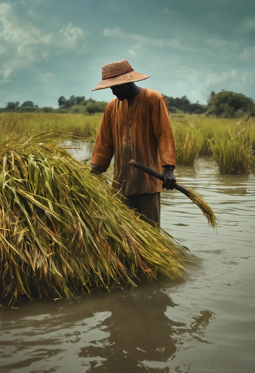 a man standing in a body of water with a hat on his head and a bunch of rice in his hand; ecological art, an impressionist painting, Adrian Zingg, cinematic photography
