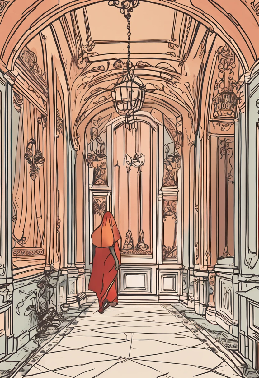 Draw a picture of a commoner child playing with the prince and princess in the majestic corridors of the palace, all are children, enquanto o rei Alderic I sorri calorosamente ao observar a cena.