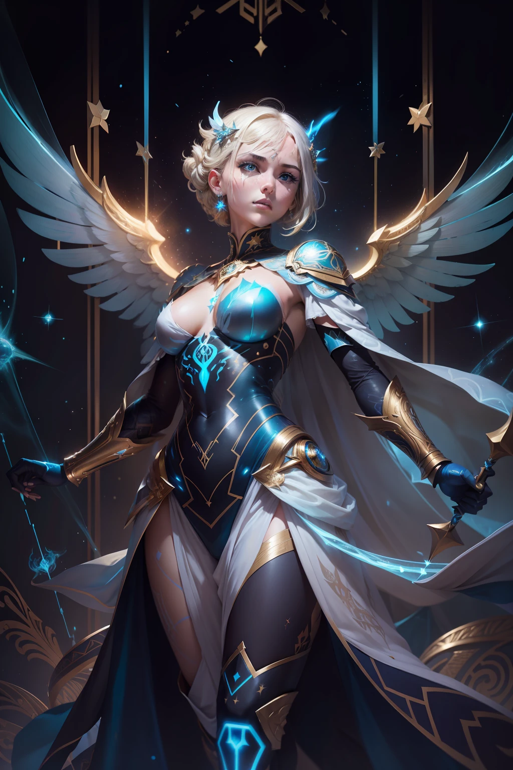 Bold spangled graphic illustration, dynamic pose, bioluminescent gold glow, glowing constellation tattoos, light fantasy, warrior garments, white gold lights, dreams, starry night, splash art, photo, 8k, shot on camera Canon 1DX, 50 mm f/2.8 lens, raw, perfect eyes, perfect hands, one magnificent messenger angel, whole body, electric blue fire electric lasers coming from her eyes, huge white and gold wings, modest clothing, masculine armor, glowing constellation tattoos across her skin and face, deadly, fully clothed, short straight blonde hair, flowing ornate white gold gown, glowing tattoos, constellations, caring expression, fully clothed, empress, warrior, bokeh in the style of da Vinci.