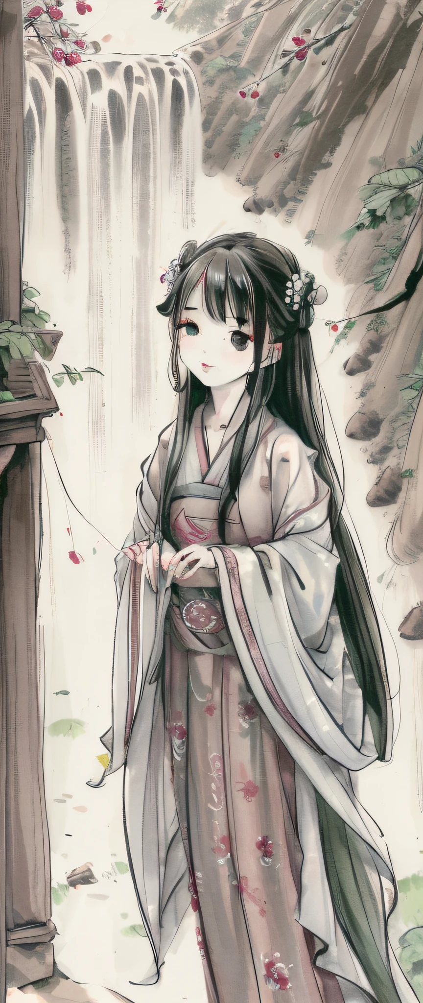 ((4k, masterpiece, best quality)), shuimobysim, traditional Chinese ink painting, lotus, hanfu, maxiskit, conservative dress 1girl, solo, long green hair, smile, standing, mountain trail, waterfall background, cherry trees.