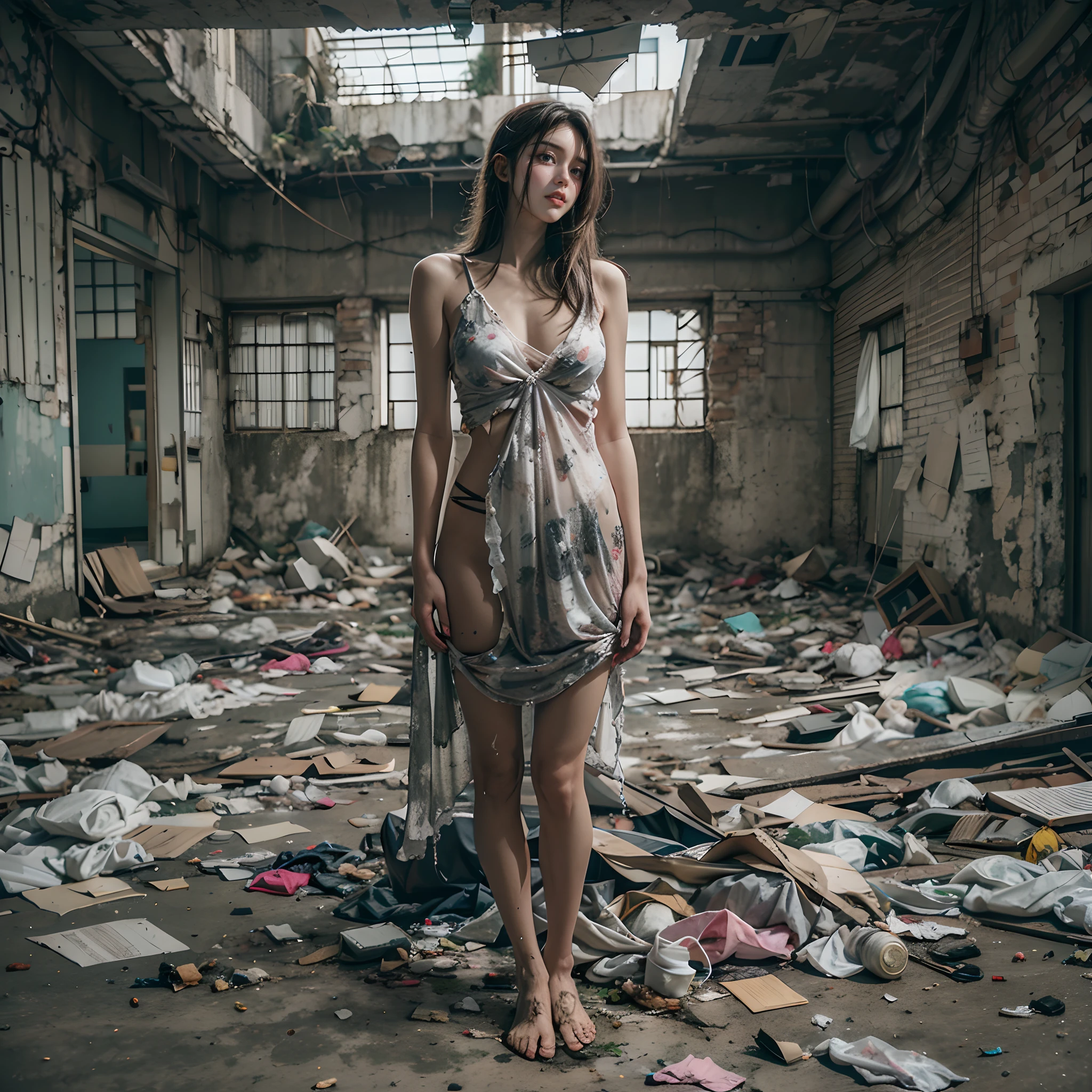 tmasterpiece,abandoned building,Garbage all over the ground,grimy,full-body portraits,Sexy standing pose,Slim legs,very beautiful long slim legs,The barefoot,Naked all over the body,full body exposed,exhibitionists,The body is exposed randomly