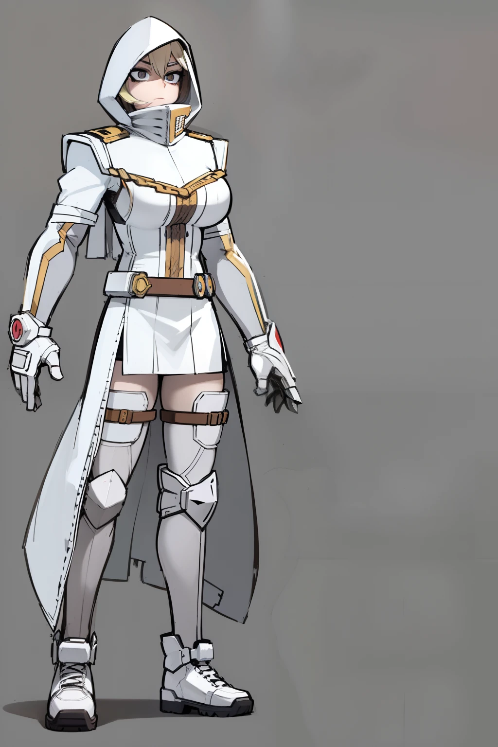 My Hero Academia style, anime Girl, female, trending on artstation pixiv, (full body shot:0.5), wide hips, wide thighs, large breast, covered head, helmet, covered face, mask, white hood, hood up, hood, white mask with black eyes, white mask, black eyes, hero costume, full body costume, white costume with light gray accents, perfect hands, Perfect anatomy, Super Detailed,