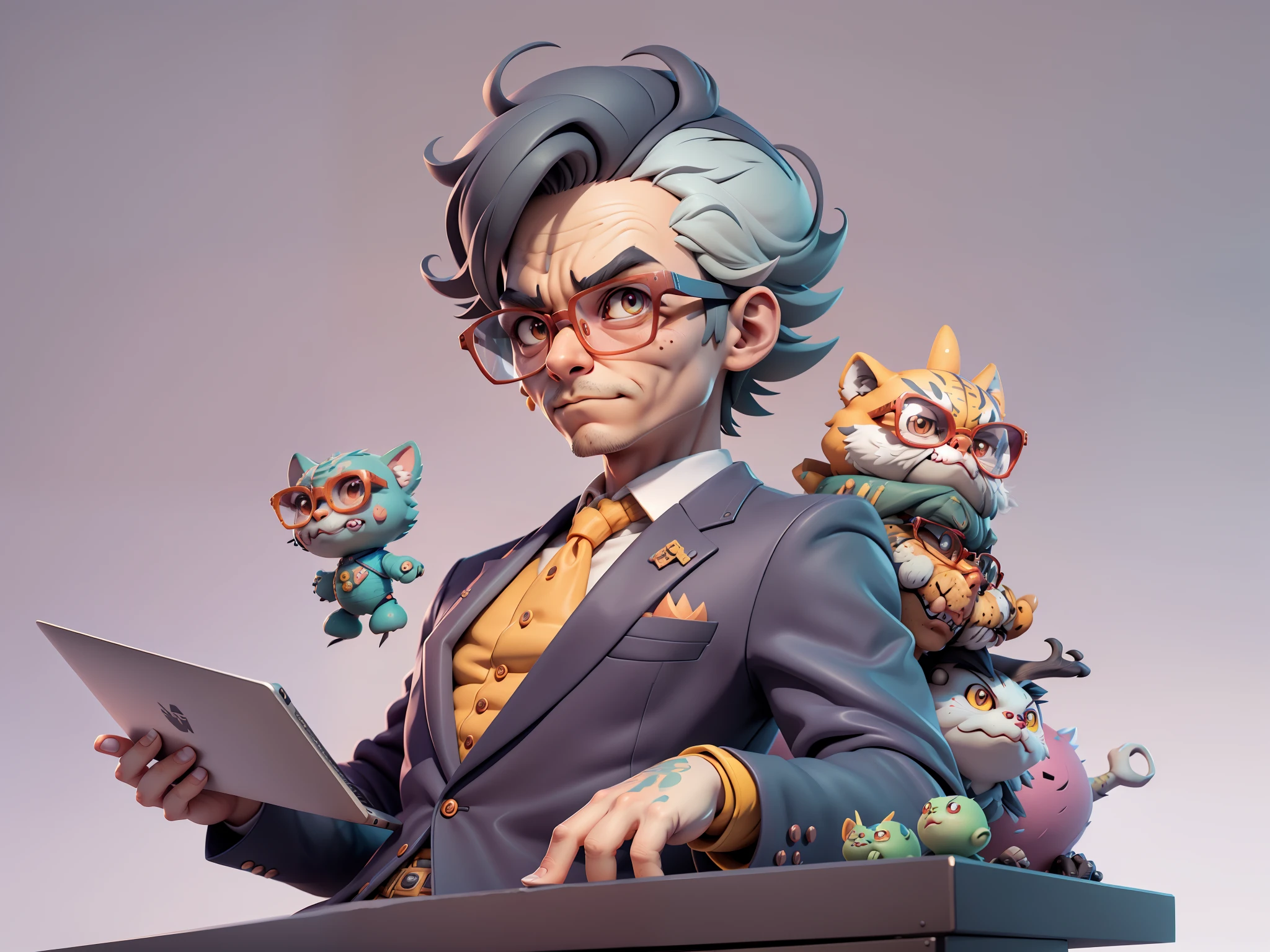 A young man in a suit, Short hair and glasses sat at his desk，holding laptop，digitial painting，tigre，3D character design by Mark Clairen and Pixar and Hayao Miyazaki and Akira Toriyama，4K HD illustration，Very detailed facial features and cartoon-style visuals。