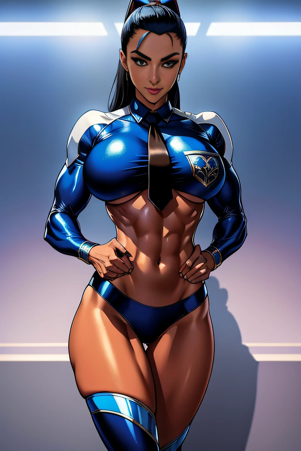 1. Alafe Street Fighter、Metallic Sky Blue and Metallic Black Martial Arts Uniforms、Big breasts about to burst、Shirt with metallic white breast pockets、breasts pocket、neck tie、spats、thin and long legs,、Pose ready to fight、Fitness Model、musculature、abdominals、Height 175cm、skin tanned、glistning skin、Cool smile、full-body view、