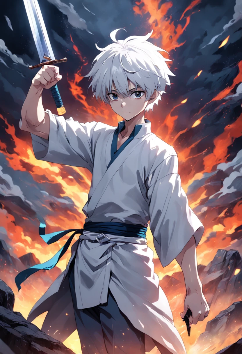 The boy with white hair,Thin and tall,Holding a pure white knife,A bandage is wrapped around the arm,Standing in the mountain of corpses