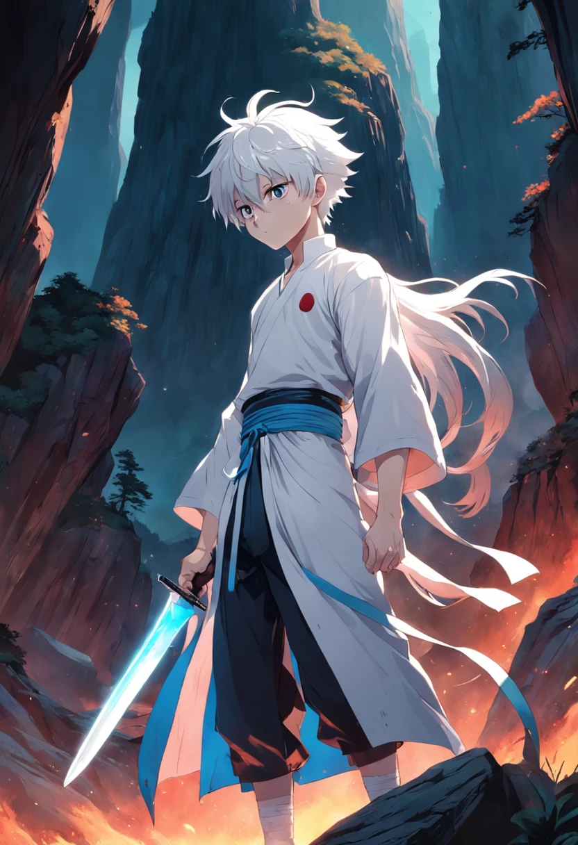 The boy with white hair,Thin and tall,Holding a pure white knife,A bandage is wrapped around the arm,Standing in the mountain of corpses