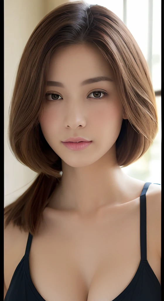 ((top-quality、8K、masterpiece:1.3))、1girl in、Slim Abs Beauty:1.3、(Hairstyles Brown Hair Shortcuts、Colossal tits:1.2)、doress:1.1、Super fine face、Delicat eyes、二重まぶた、A smile、Home、Raw photo、Tank Tops、tits out、Sharp Eyebrows、japanes、cleavage of the breast、Slender beauty、Colossal tits、Sex slaves