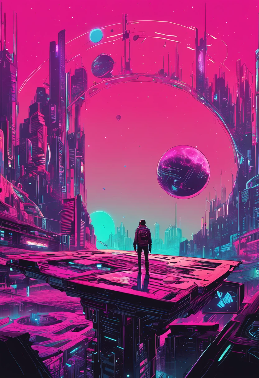 "Immersed in a cyberpunk-inspired, neon-drenched world, captivated by the surreal sight of a ring-shaped planet dominating the sky, filled with mesmerizing digital artistry."