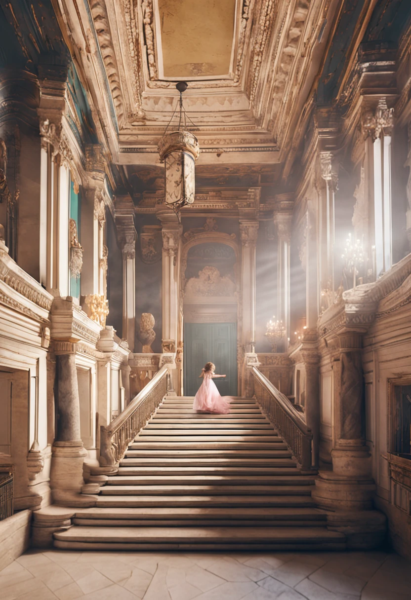 Create a scene of a plebeian child playing with the prince and princess in the majestic corridors of the palace, all are children, enquanto o rei Alderic I sorri calorosamente ao observar a cena.