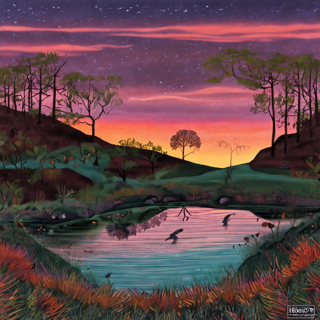 Pa painting of a sunset over a lake, uma pintura de arte de Yvonne Jacquette, deviantart, Pintura de cena americana, Non-Instagram art, pintura detalhada, oil on the canvas