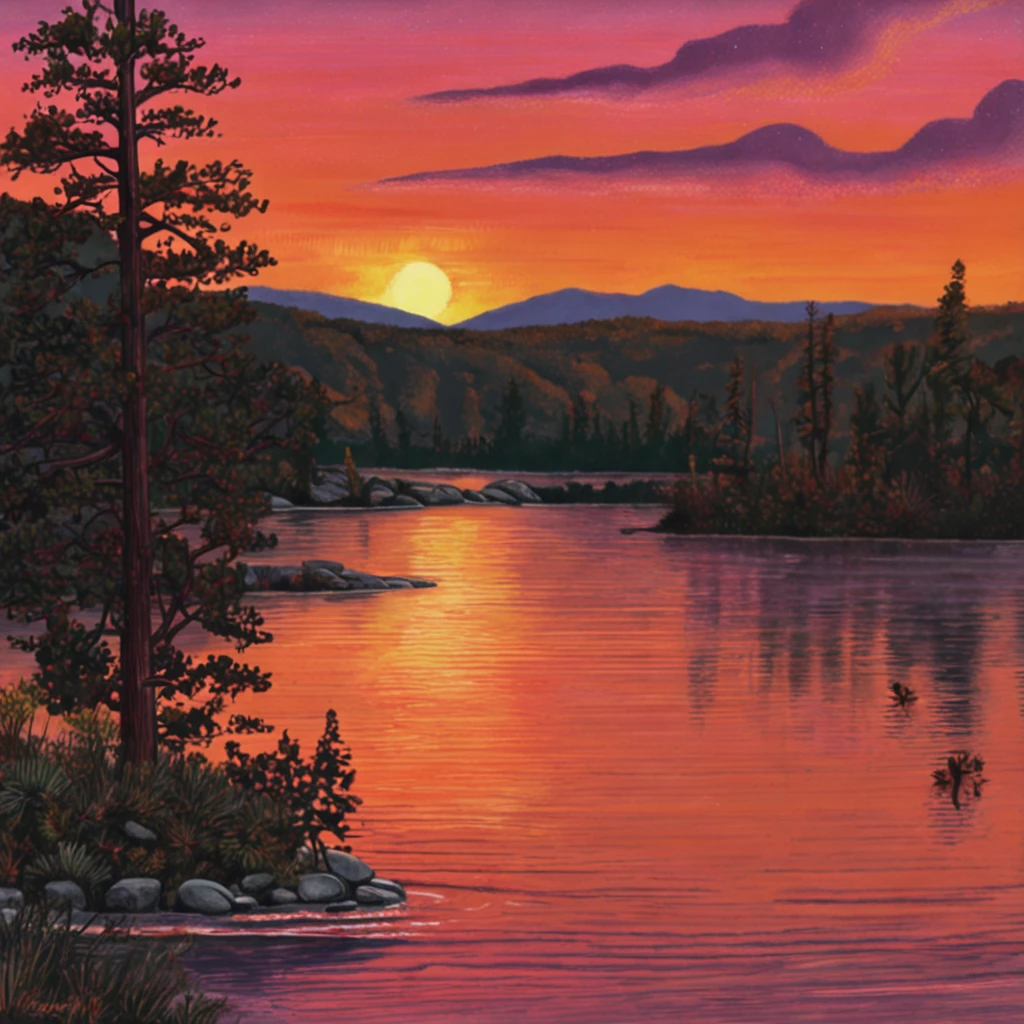 Pa painting of a sunset over a lake, uma pintura de arte de Yvonne Jacquette, deviantart, Pintura de cena americana, Non-Instagram art, pintura detalhada, oil on the canvas