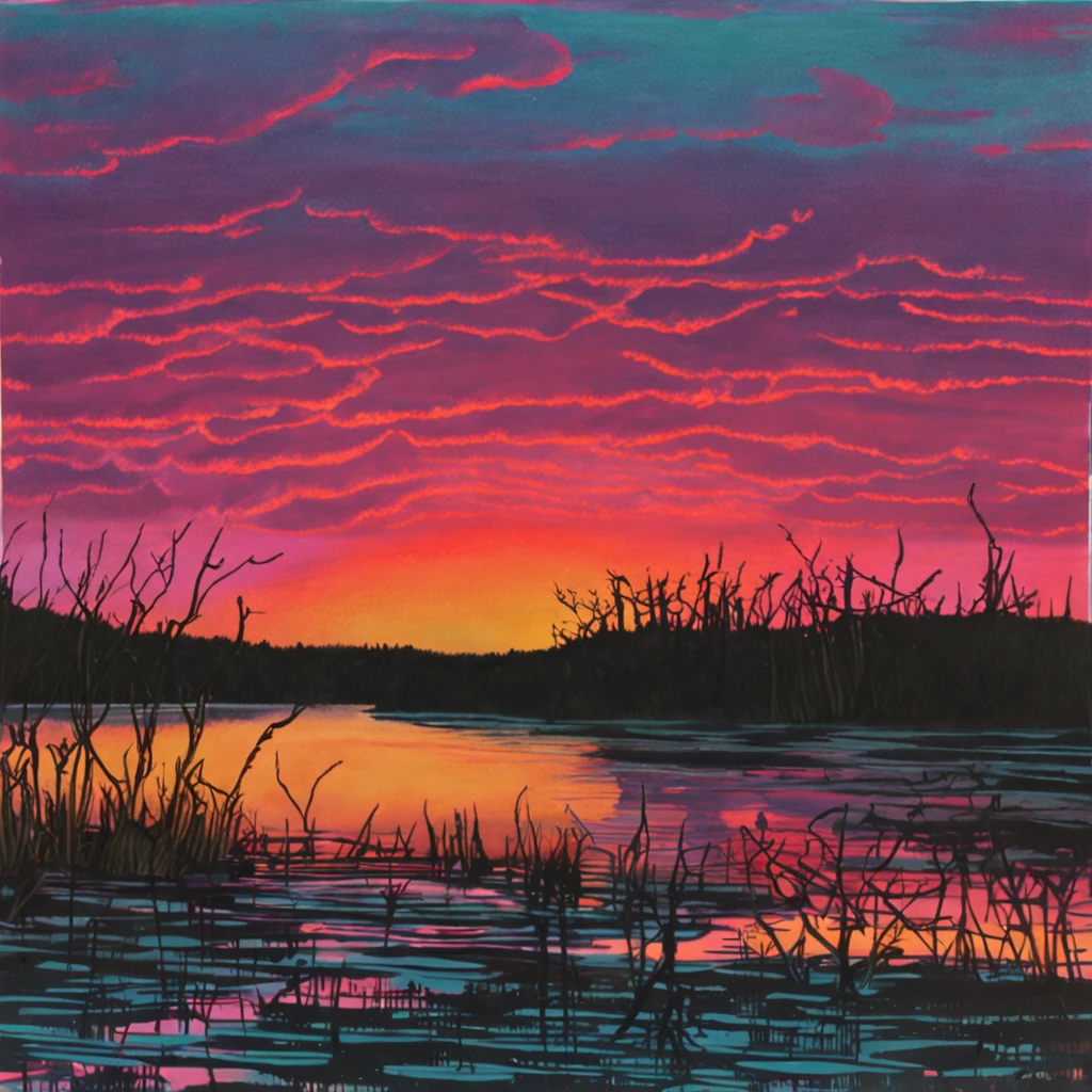 Pa painting of a sunset over a lake, uma pintura de arte de Yvonne Jacquette, deviantart, Pintura de cena americana, Non-Instagram art, pintura detalhada, oil on the canvas
