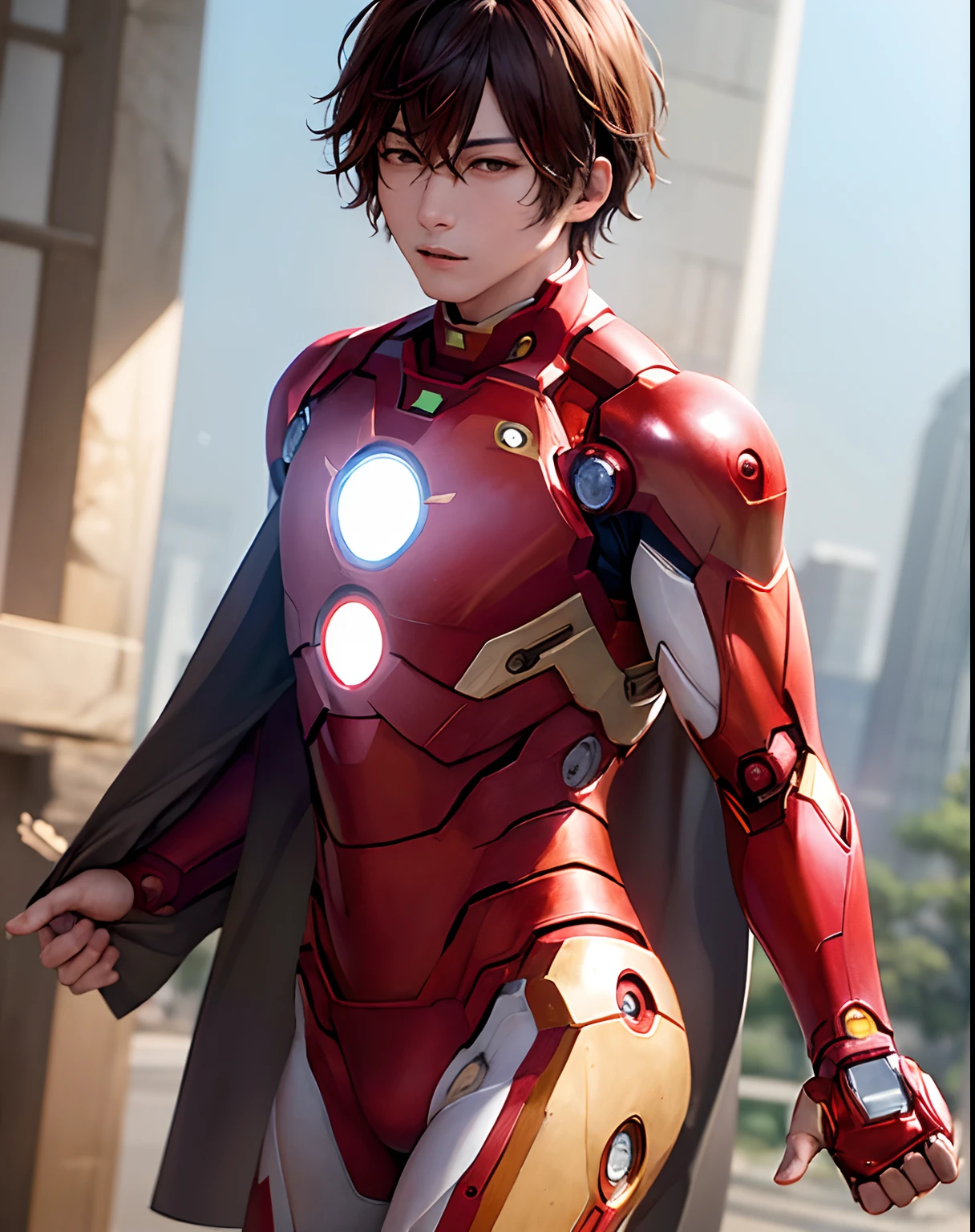 (​masterpiece、top-quality:1.2), The upper part of the body, 独奏, Male Focus, 1boy, dazai osamu, deadpan, Brown jacket, bandaged, ((ironman suit))