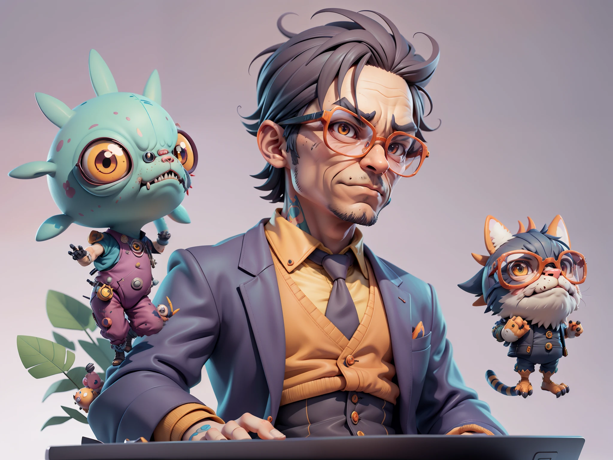 A young man in a suit, Short hair and glasses sat at his desk，holding laptop，digitial painting，tigre，3D character design by Mark Clairen and Pixar and Hayao Miyazaki and Akira Toriyama，4K HD illustration，Very detailed facial features and cartoon-style visuals。