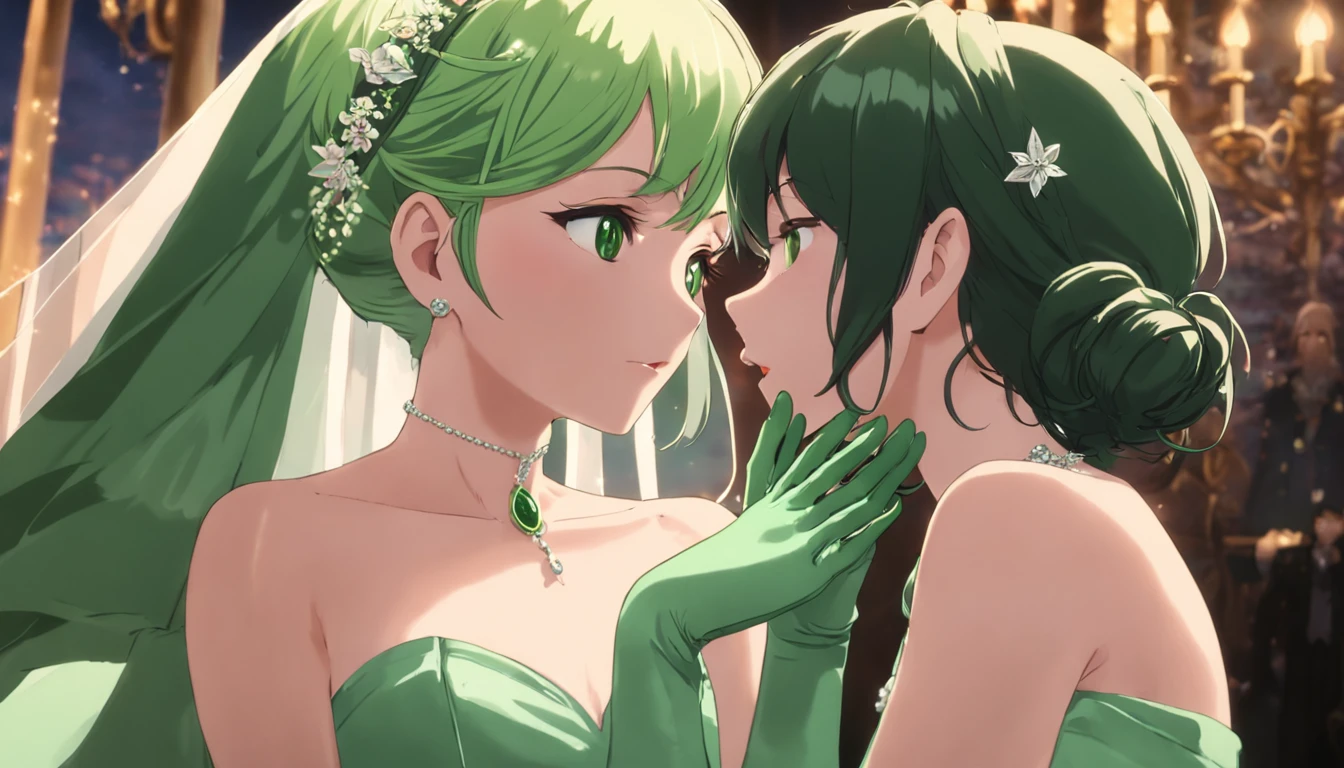 Green Satin Long Gloves, Green Wedding Dresses, Green shorthair, lipsticks, the kiss, bride, Green Pearl Necklace, Green Bride, lesbian