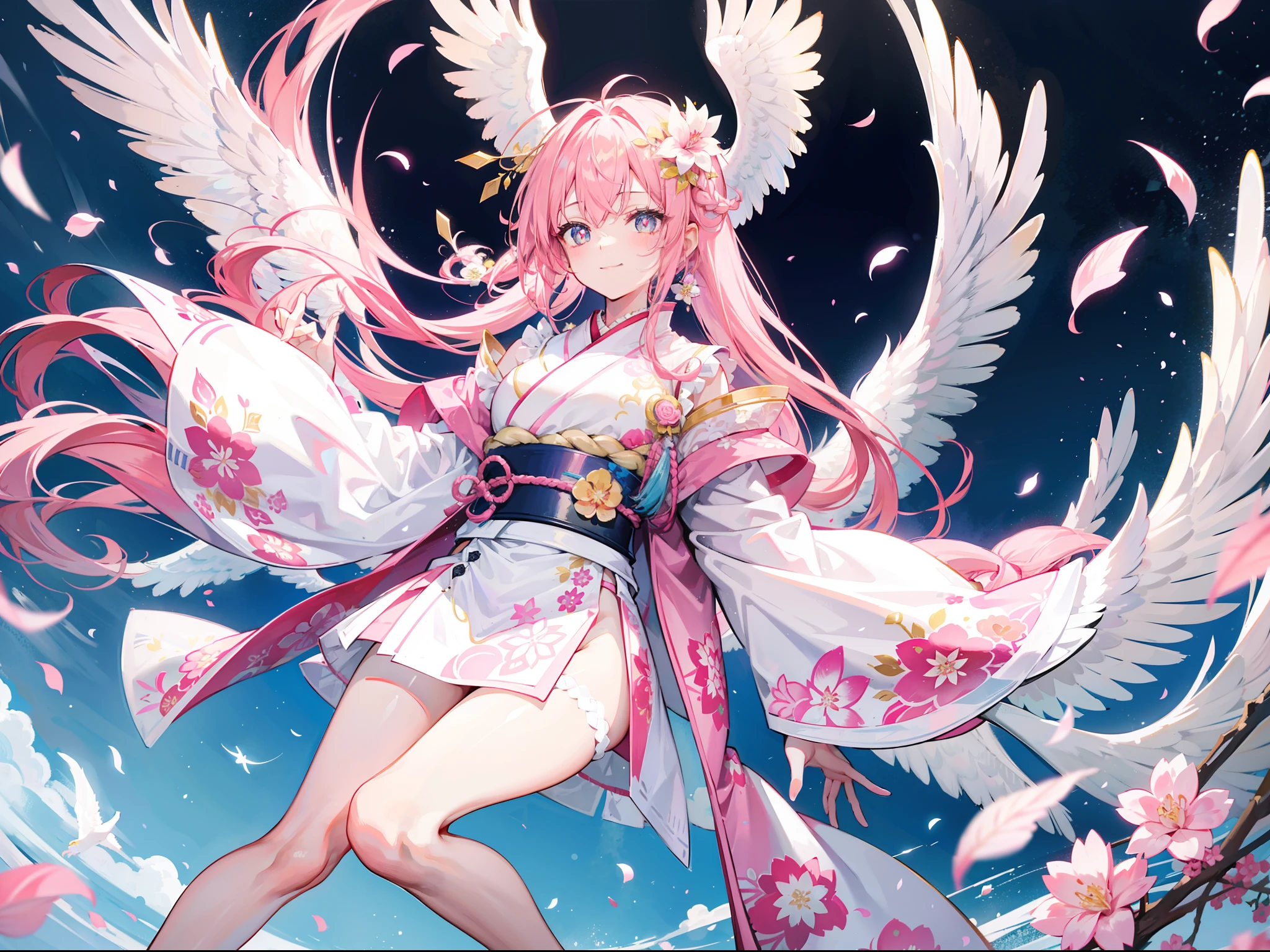 A beautiful girl with pink hair,Extremely long hair,Lace-up twisted braid,The hair color is white and pink,He wears a blonde hairpin,Wear three small flowers on each side,Dressed in white、Pink and gold kimono,The kimono is printed with a white eagle motif,Behind him was a blue-gold cloak,The lower body is wearing white stockings,Bare legged,With a bright and healing smile,Stand in a radiant wonderland,Light pink pupils,Play with a very large white eagle,full bodyesbian