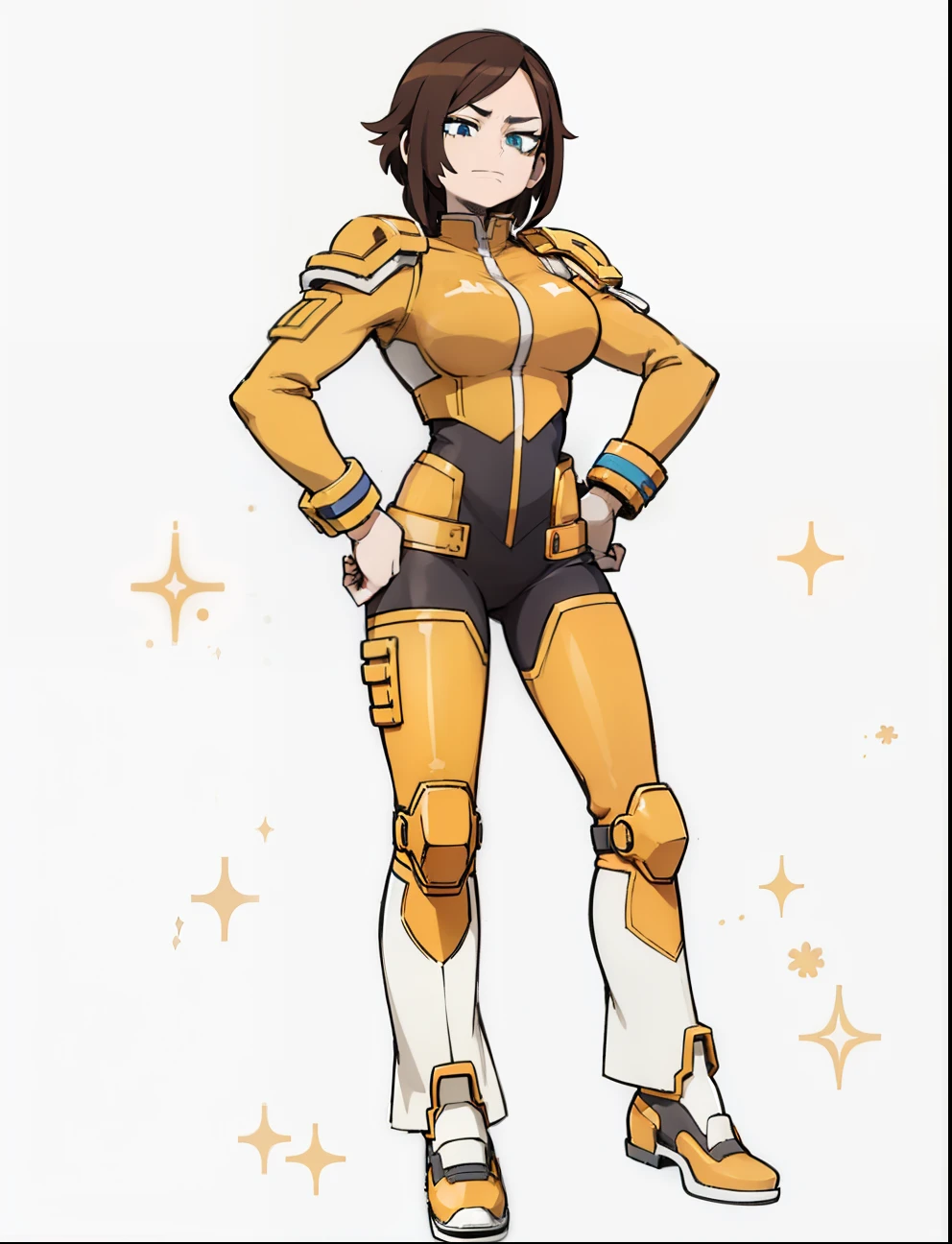 My Hero Academia style, anime Girl, female, trending on artstation pixiv, (full body shot:0.5), wide hips, wide thighs, large breast, Brown hair, long hair, curly hair, blue eyes, hero suit, full body suit, yellow suit with black and white accents, joyful gaze, smug, clenched fists, perfect hands, Perfect anatomy, Super Detailed,