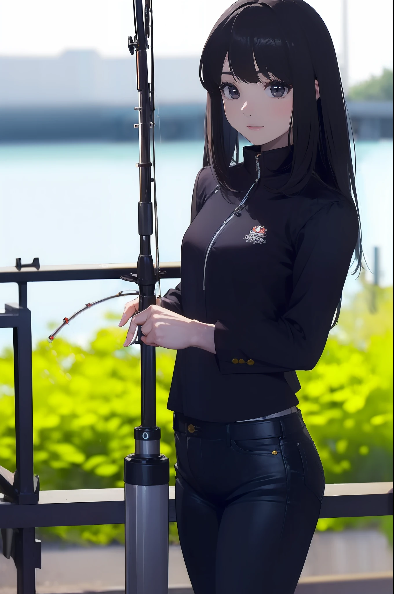 ((((having a fishing rod with a reel by the lakeside:1.5)))),((Female 28 years old)),((Best Quality:1.5)),((((Hands with the correct number and structure of fingers:1.5)))),((Big fish:1.37)),hight resolution,ultra-detailliert,​masterpiece,best qualtiy,(Eight-headed body),Black hair, long eyes-lashes, Solid Circle Eyes, drop shadow, Atmospheric perspective,Super Detail, ccurate, small brest,(Black jacket and black jeans :1.1),top-quality, blurry backround, bokeh dof:1.2, (​masterpiece:1.3),  Atmospheric perspective,Super Detail,dynamic compositions,