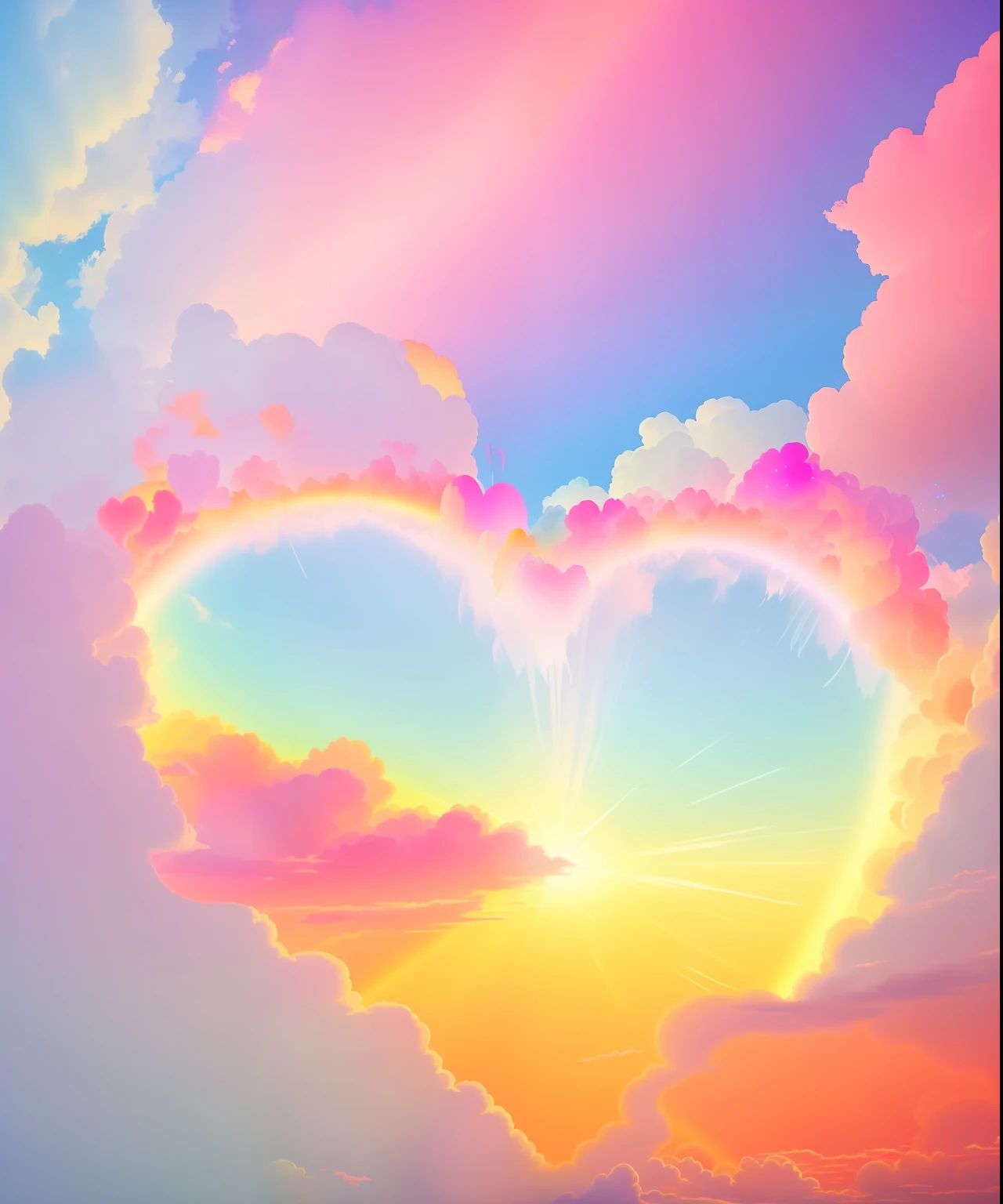 a heart shaped rainbow colored cloud in the sky, love is begin of all, very colorful heavenly, magic heart, ❤🔥🍄🌪, light - hearted, beautiful image ever created, beautiful and colorful, love os begin of all, flaming heart, heart effects, with beautiful colors, heavenly colors, beautiful art, love is infinity, bright rainbow nimbus