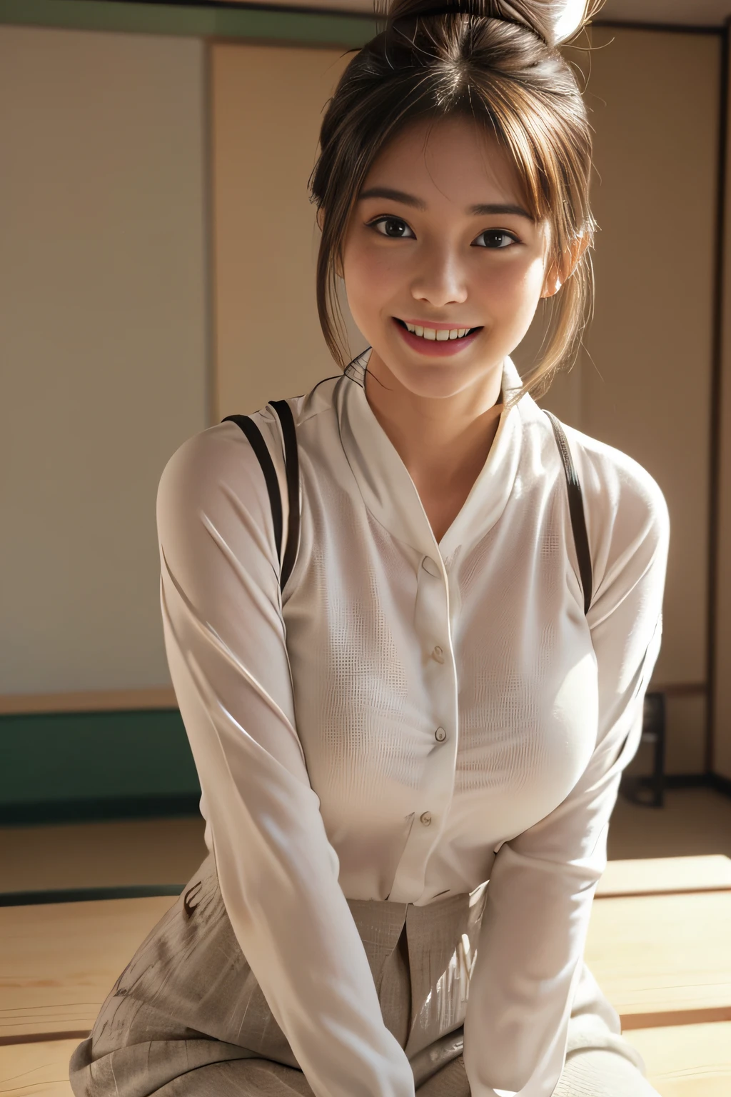White large plainTshirt)),((mini skirt:1.0)) 、Shorts sticking out:1.0,Huge breasts、ponytail, Japanese Girls, 8K, ((Full Body Shot)), Highest quality, masterpiece, Realistic, Photorealistic Super Detail, One Girl, cute, Best Smile, Beautiful Eyes, Long Hair, Perfect Face,Full Body Shot