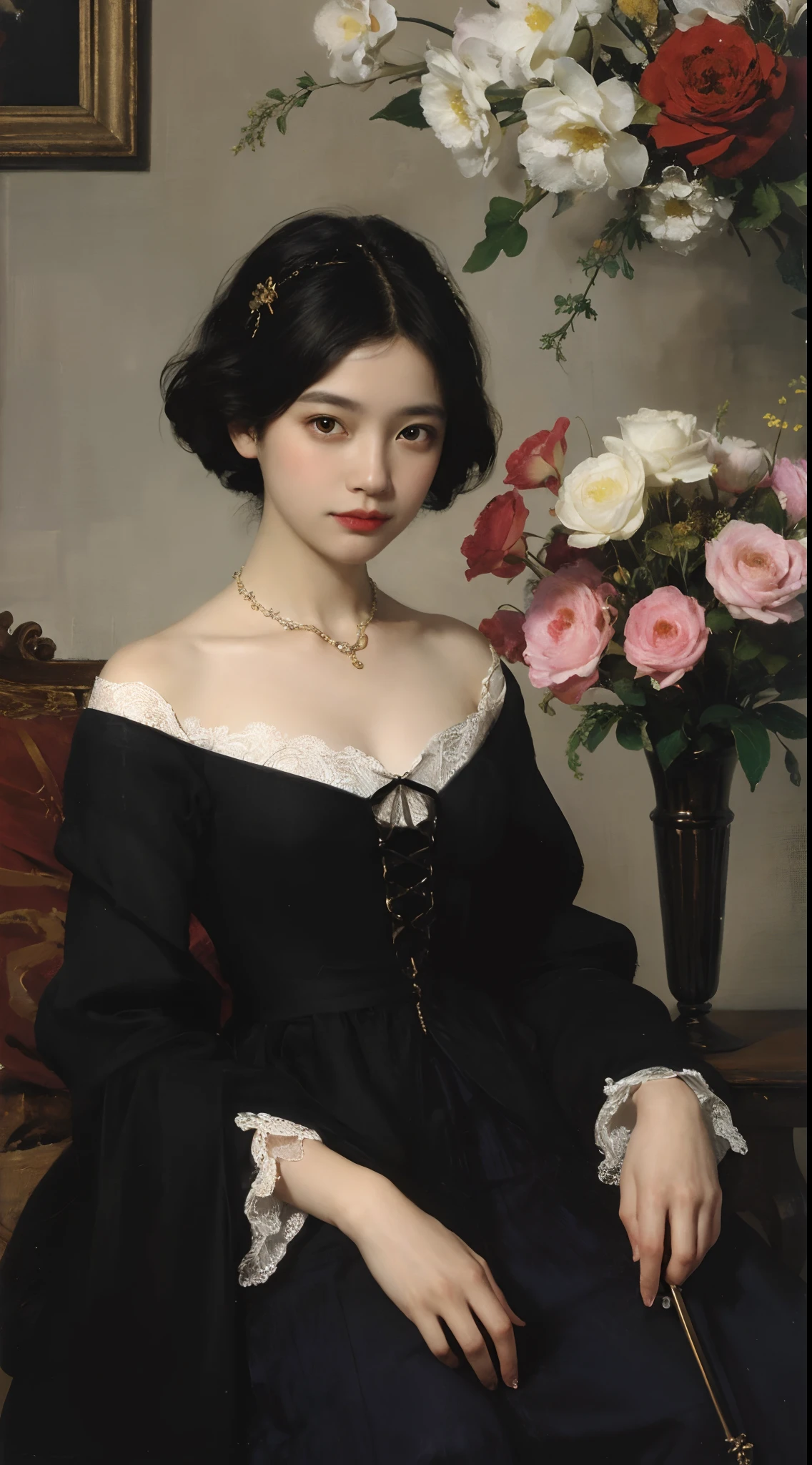 (Oil Painting: 1.5),
\\
(Oil Painting: 1.5), \\ Woman with short black hair, ((an oil painting)), (Amy Saul: 0.248), (Stanley Agar Liu: 0.106), (detailed paintings: 0.353), (Gothic art: 0.106), vases