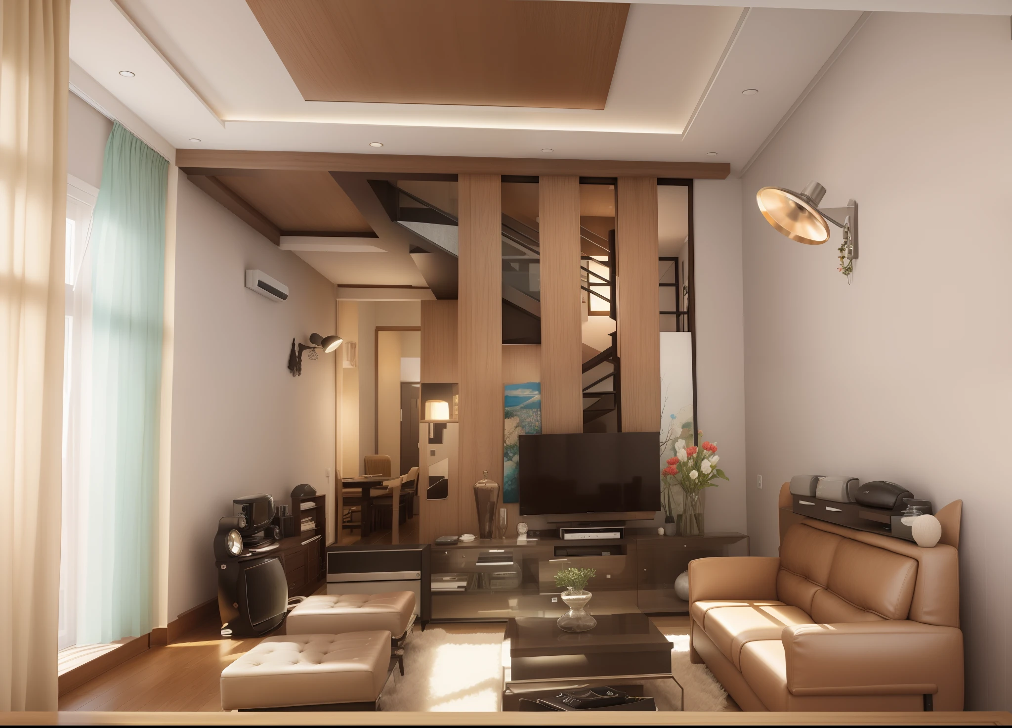 A modern living room with wooden furniture. The living room has a brown oak sofa, on which there are white pillows and fur blankets. An oak coffee table is placed in front of the sofa, on which there is a vase of flowers and a table lamp. The living room has an oak TV shelf placed in a corner of the room, on which there is a flat screen TV and many decorative items. On the wall hangs a painting of a cityscape, giving a sense of modernity and liveliness. The living room is an ideal place to entertain guests and watch TV.