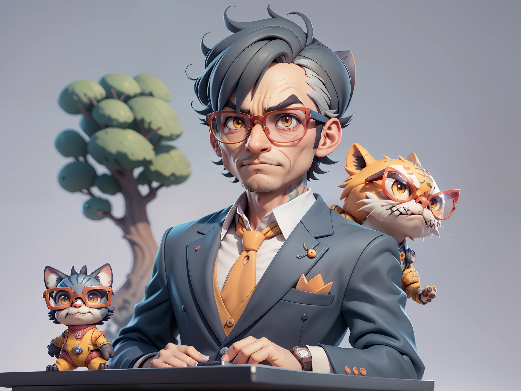 A young man in a suit, Short hair and glasses sat at his desk，holding laptop，digitial painting，tigre，3D character design by Mark Clairen and Pixar and Hayao Miyazaki and Akira Toriyama，4K HD illustration，Very detailed facial features and cartoon-style visuals。