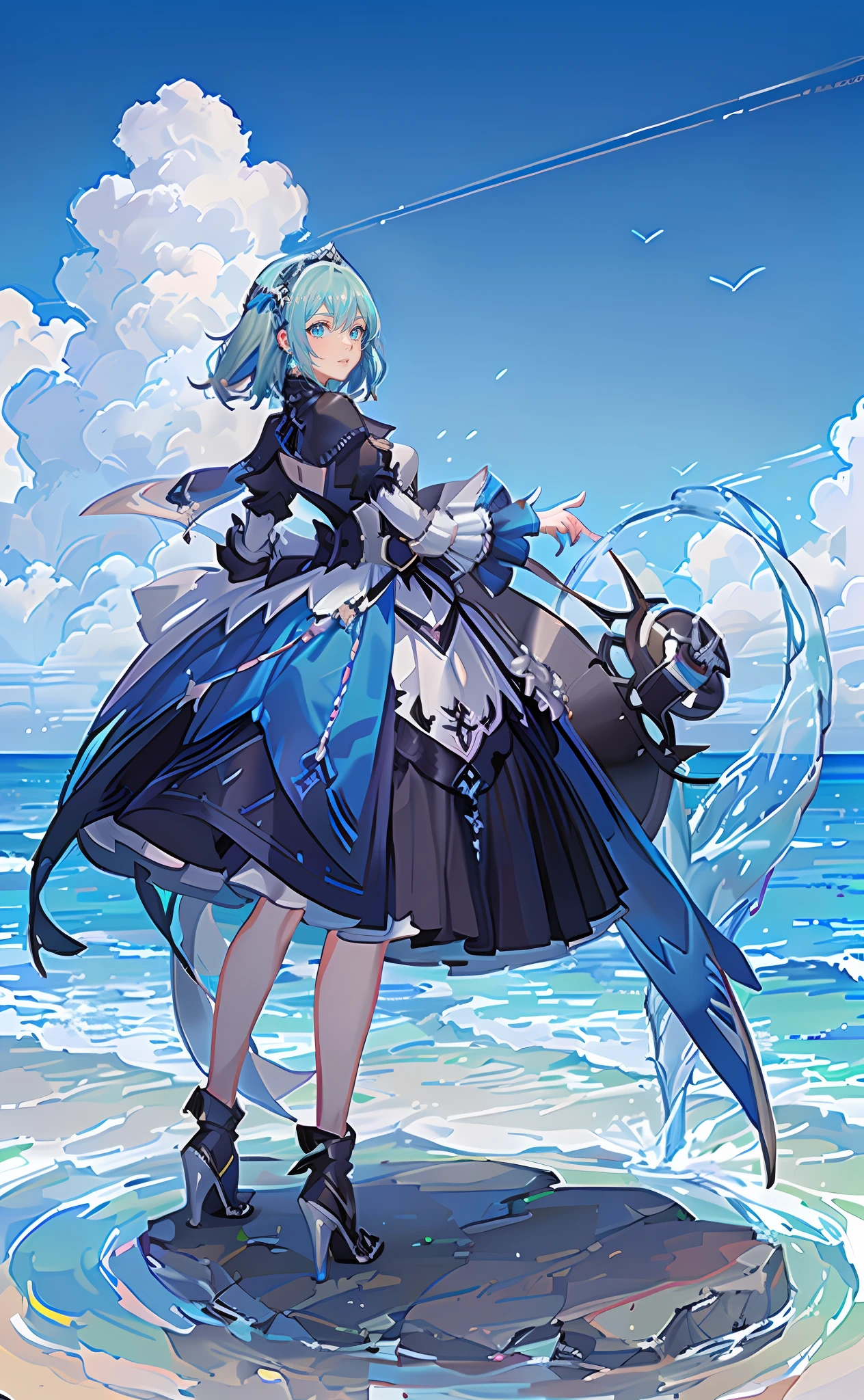 best qualityer,tmasterpiece,Ultimate resolution,downy,Extremely colorful,Colorful,Lady Knight,Royal Sister,Cyan-blue armor skirt,Full body set with gemstones,Sapphire,huge tit,(White super short hair),Shield set with precious stones,jewelry,Pedras preciosas,Normal posture