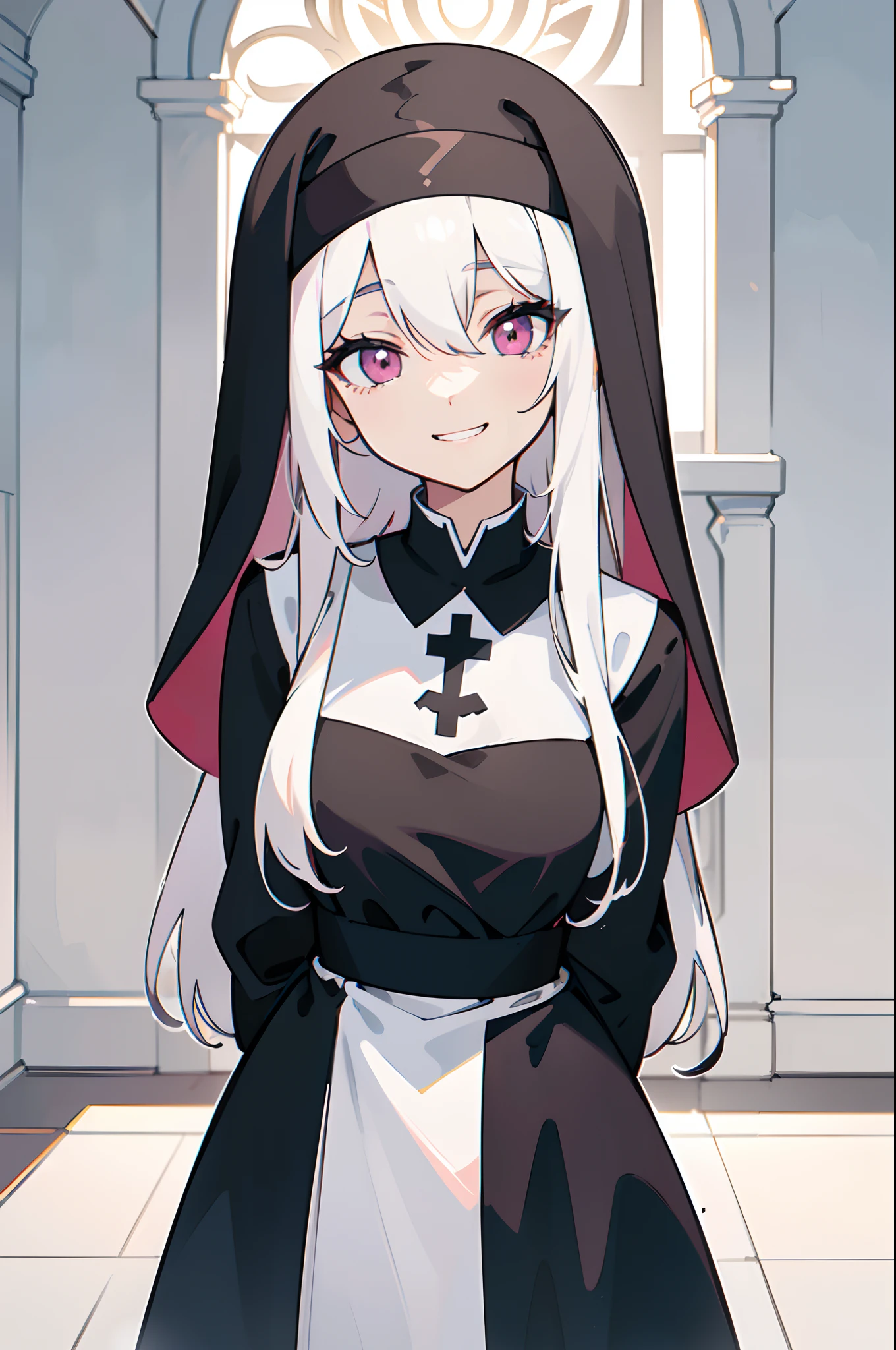 1girl, solo, (Appearance:, pure white hair:1.3, pink eyes, medium breasts, young girl, long hair, hair between eyes, wearing black nun clothes, nun), (Actions:, standing, looking at viewer, smiling, arms behind back, grin:1.2), (Scenery:, winter, royal palace, sharp focus, pacific, tranquil, close-up, portrait, beautiful face), sense of divinity and calmness, ((masterpiece, best quality, illustration))