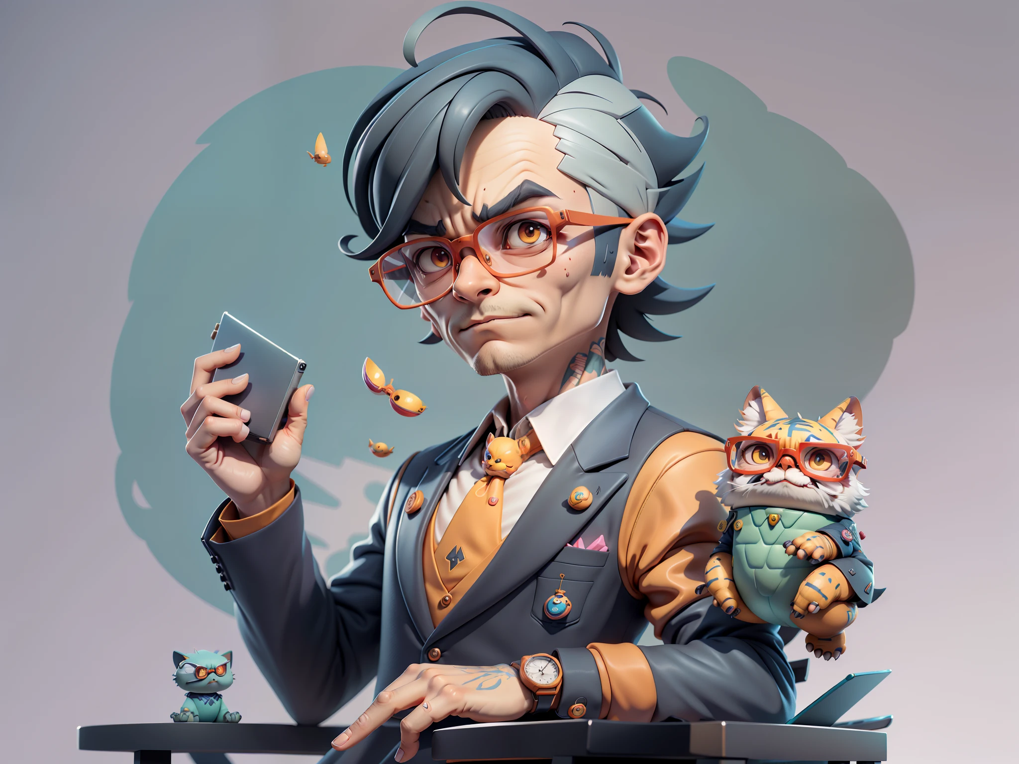 A young man in a suit, Short hair and glasses sat at his desk，holding laptop，digitial painting，tigre，3D character design by Mark Clairen and Pixar and Hayao Miyazaki and Akira Toriyama，4K HD illustration，Very detailed facial features and cartoon-style visuals。