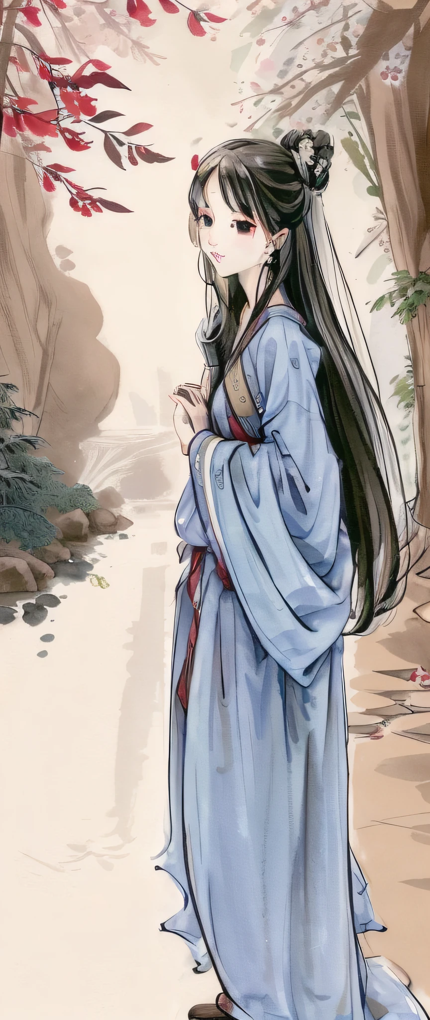 ((4k,masterpiece,best quality)), shuimobysim, traditional chinese ink painting, lotus, hanfu, maxiskit, dress conservatively 1girl, solo, long blue hair, smile, standing, feet in the water, barefoot,