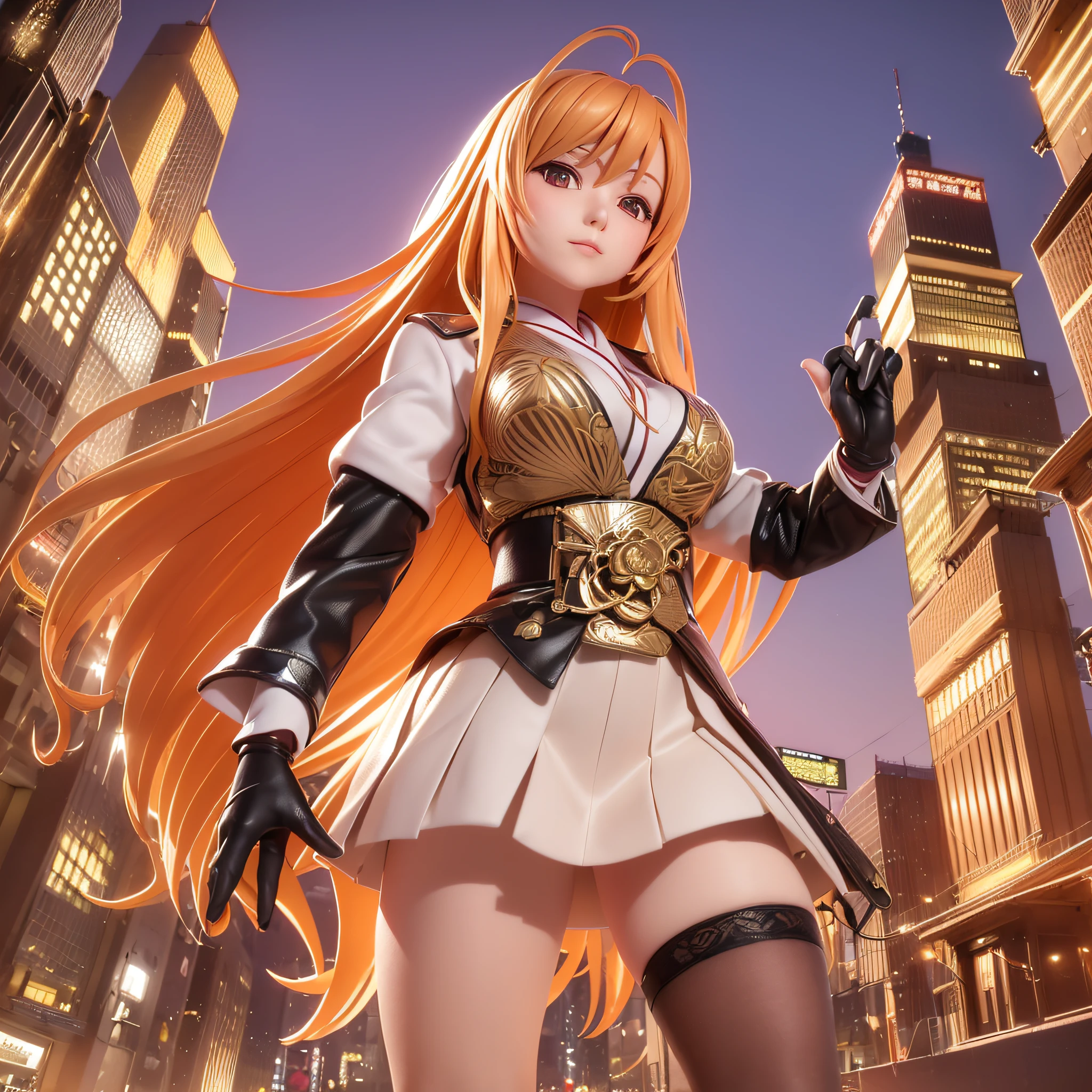 ((3D anime:1.2, Manga Bleach:1.1), better quality, detailed, high resolution, (Mascot:1.3, Orihime Inoue:1.1) Orihime Inoue - (Although not characterized as a sensual character, Orihime is known for her beauty and her long, beautiful hair.) 1girl, Orange eyes, which shine in situations of intense combat, orange and long hair, defined musculature, pale skin, High school student measuring over 1.80 m, school uniform, intricate design and clothing, dynamic movements, Japan city background, (excellent lighting, detailed shadows, dynamic camera angle and pose)